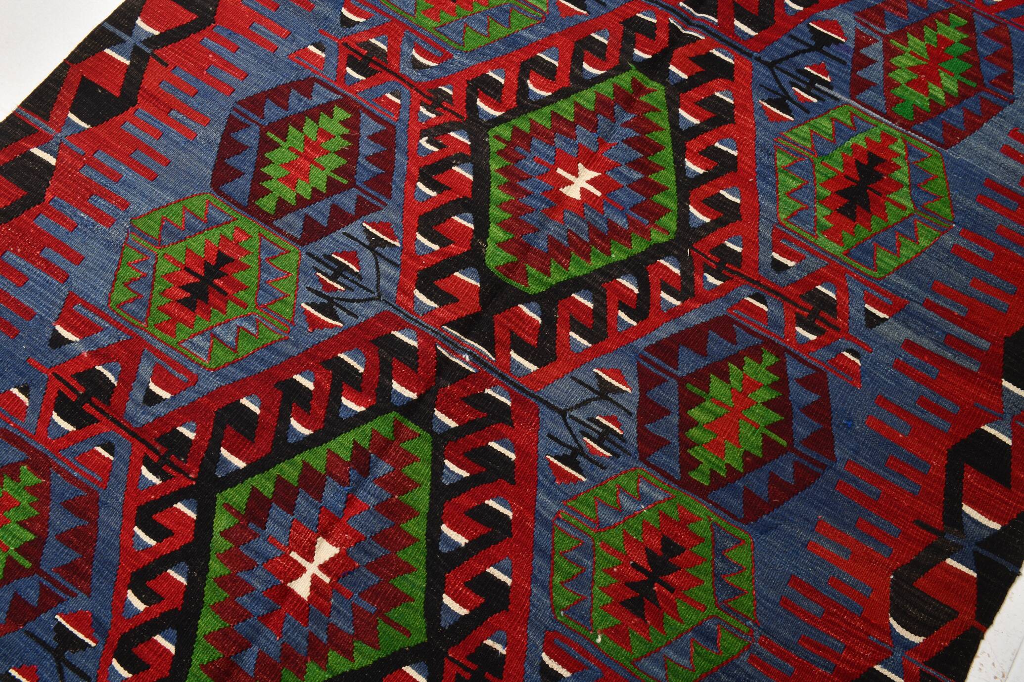 Geometric Blue & Green Vintage Kilim Rug, 154x305Cm