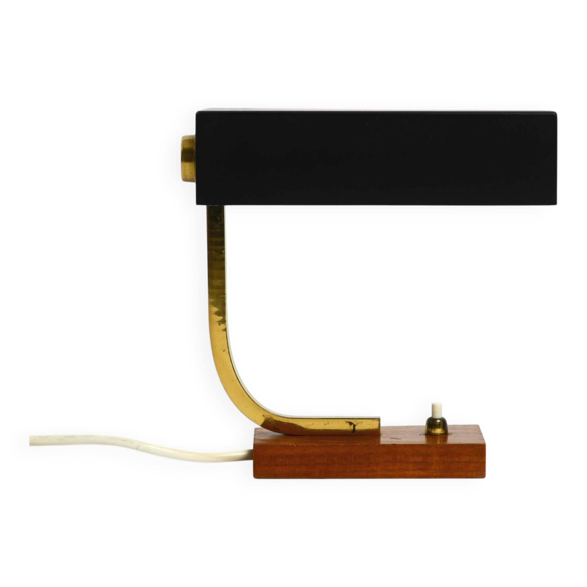 Beautiful small Mid Century Modern metal and brass table lamp with teak bas