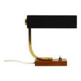 Beautiful small Mid Century Modern metal and brass table lamp with teak bas