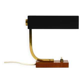 Beautiful small Mid Century Modern metal and brass table lamp with teak bas