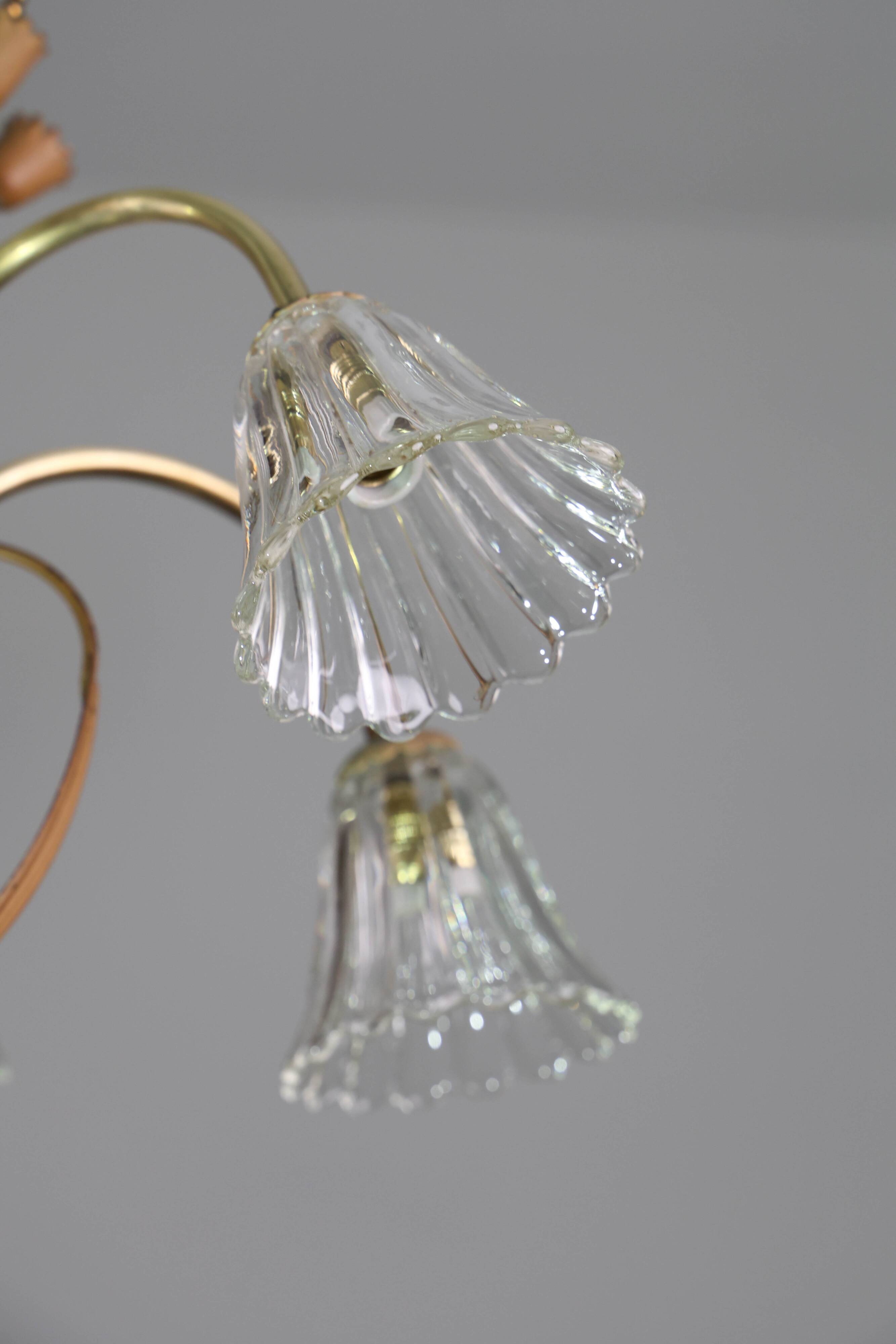 Art Deco Murano Glass and Brass Chandelier, 6 light, 1950