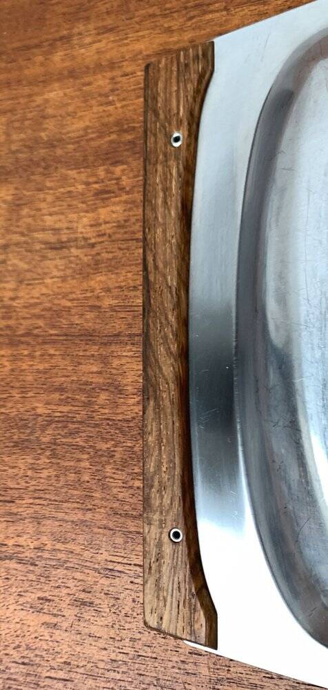 Danish stainless steel and teak plateau from the mid-century of Lundtofte, Denmark, 1960s.