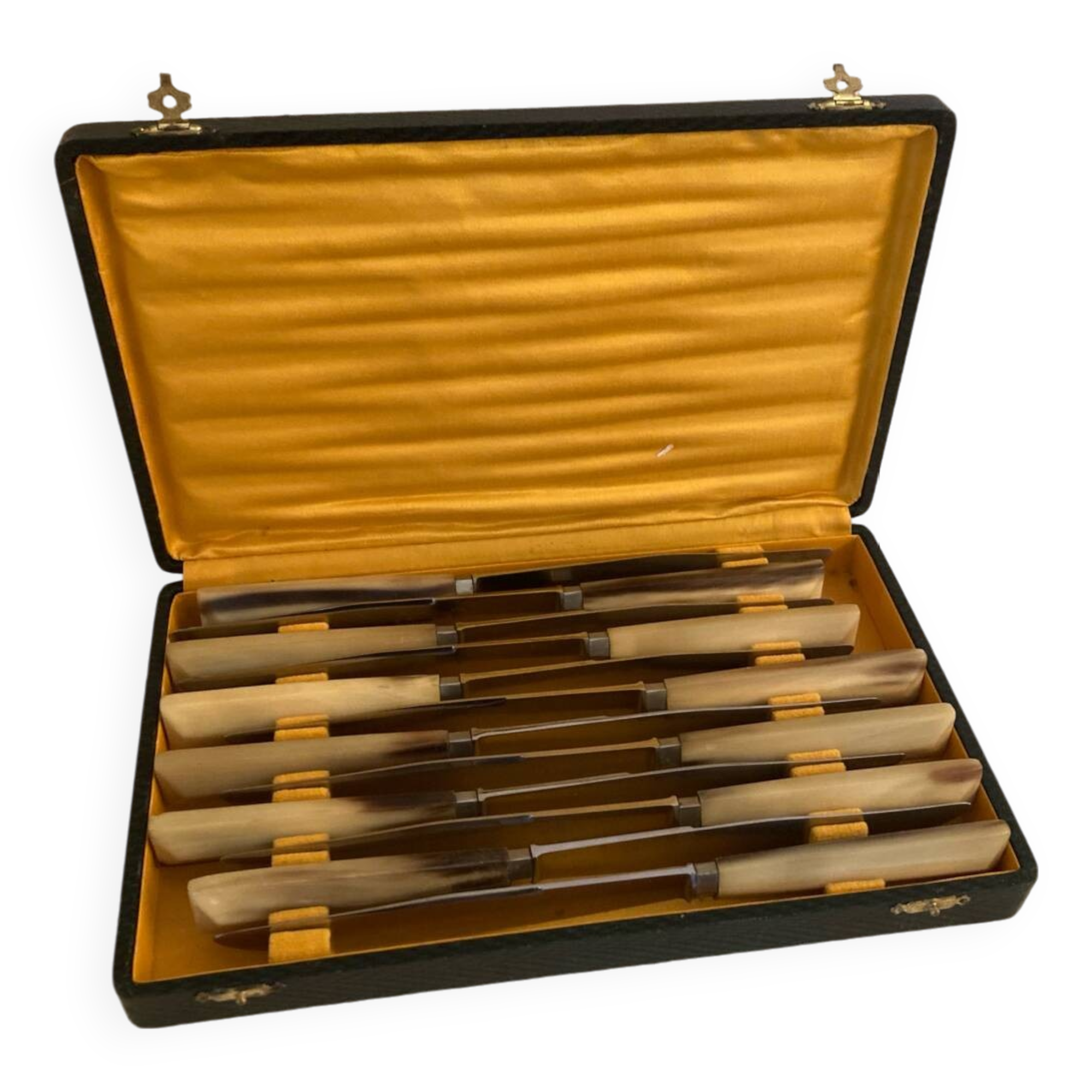 Coffret complet de 12 couteaux de table Inox manches Bakélite viroles Art Déco