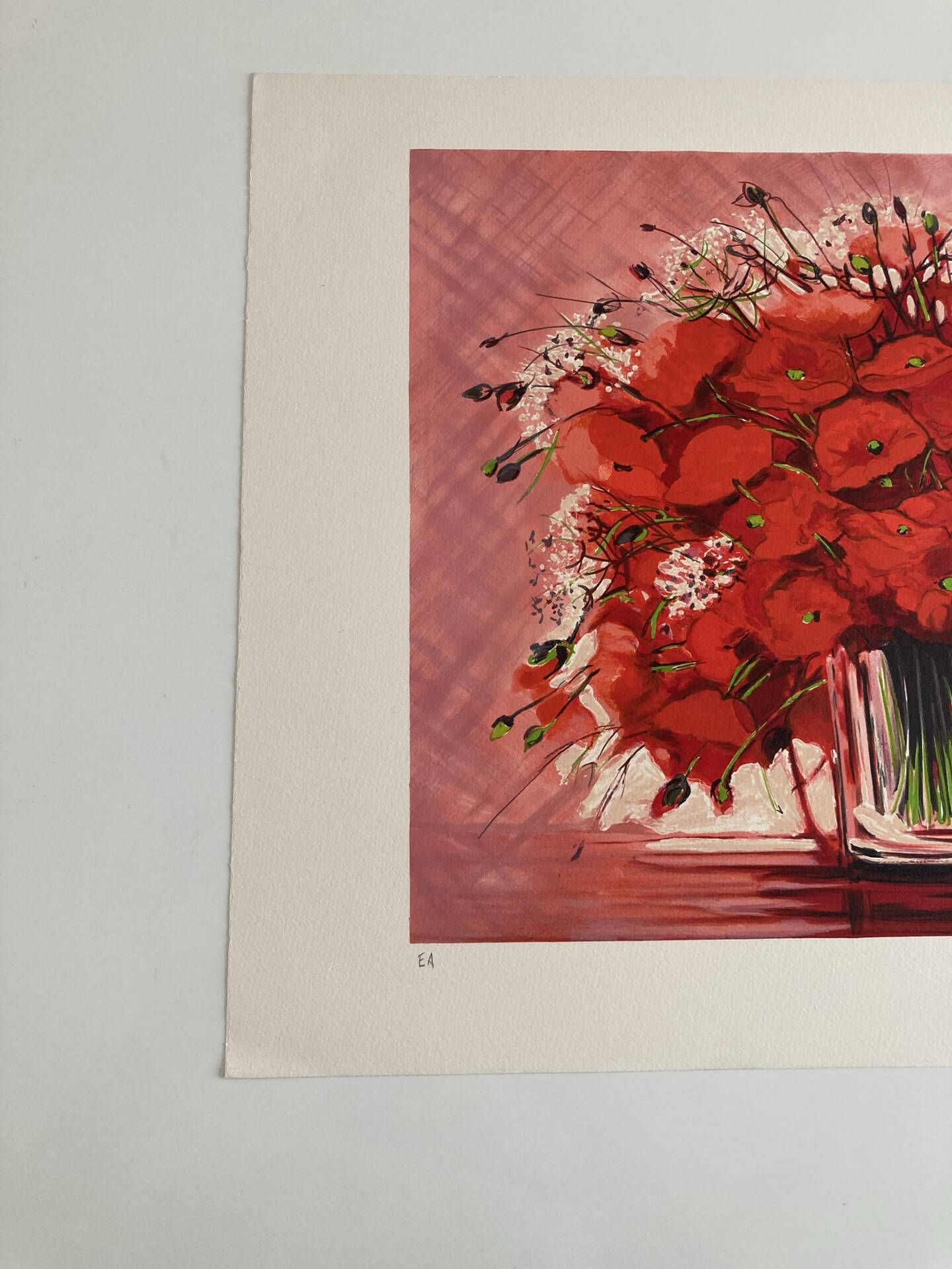 Lithographie originale signée Michel Henry - Bouquet de Coquelicots