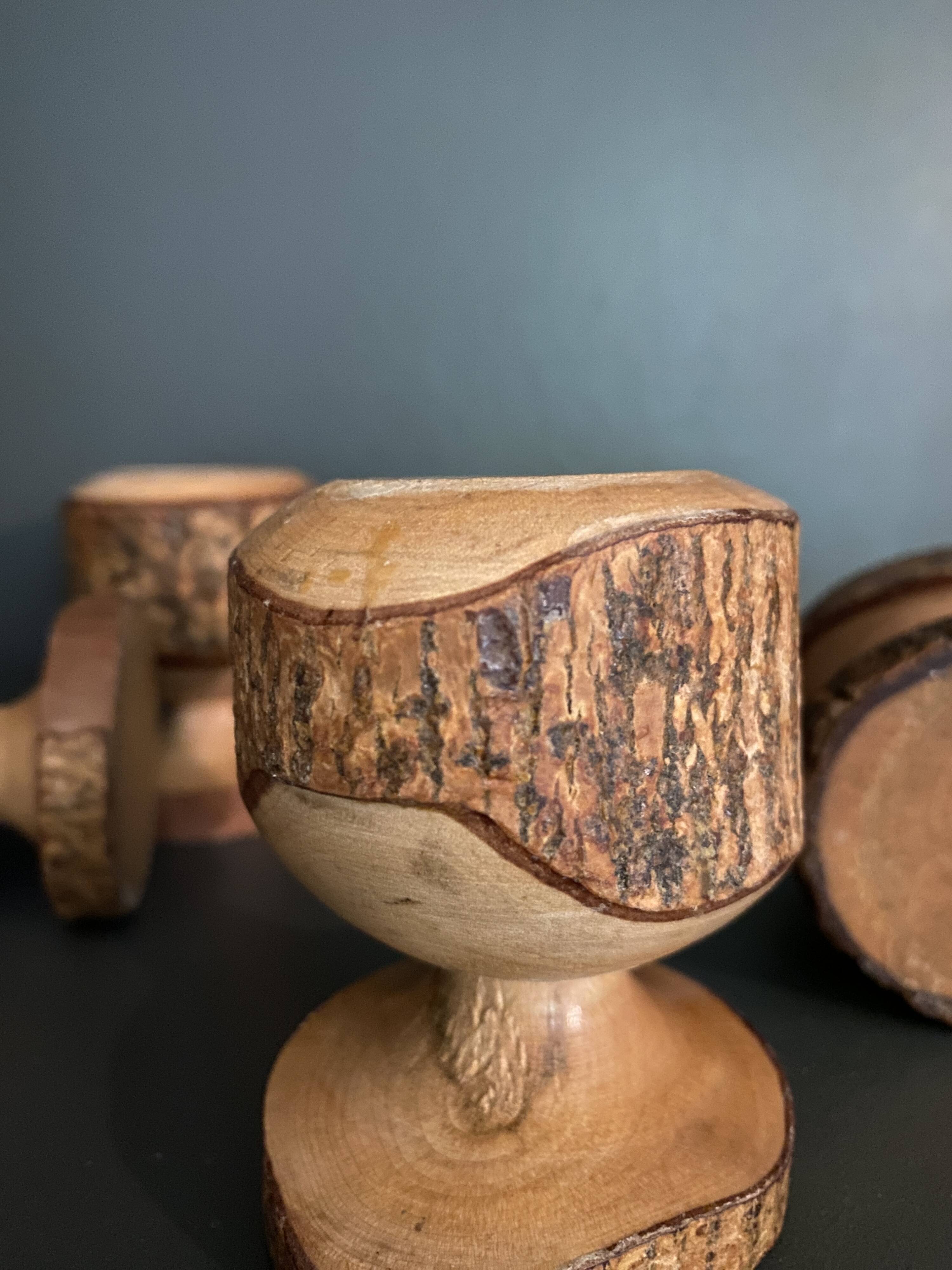Brutalist egg cups in vintage raw solid wood