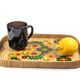 1970s floral patterned tray in rattan and plastic