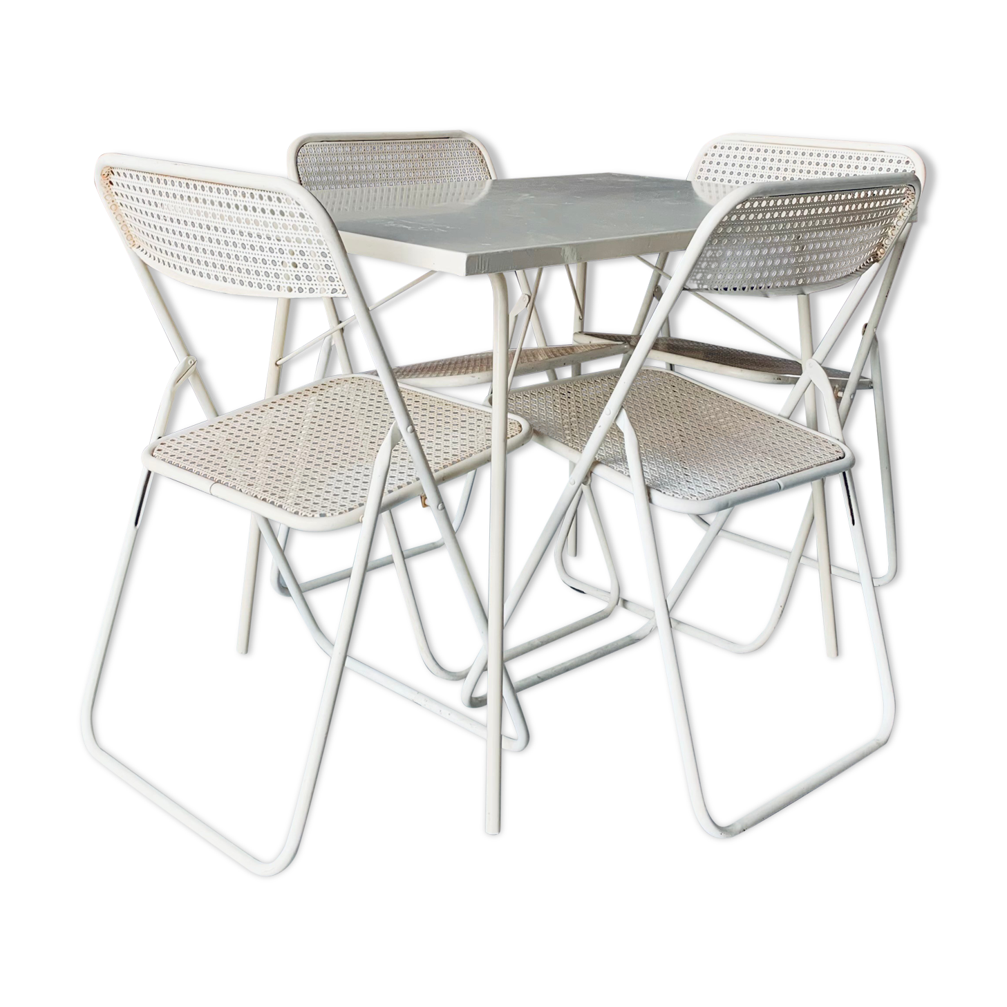 Set folding table and its 4 folding chairs perforated metal cream color - 70s