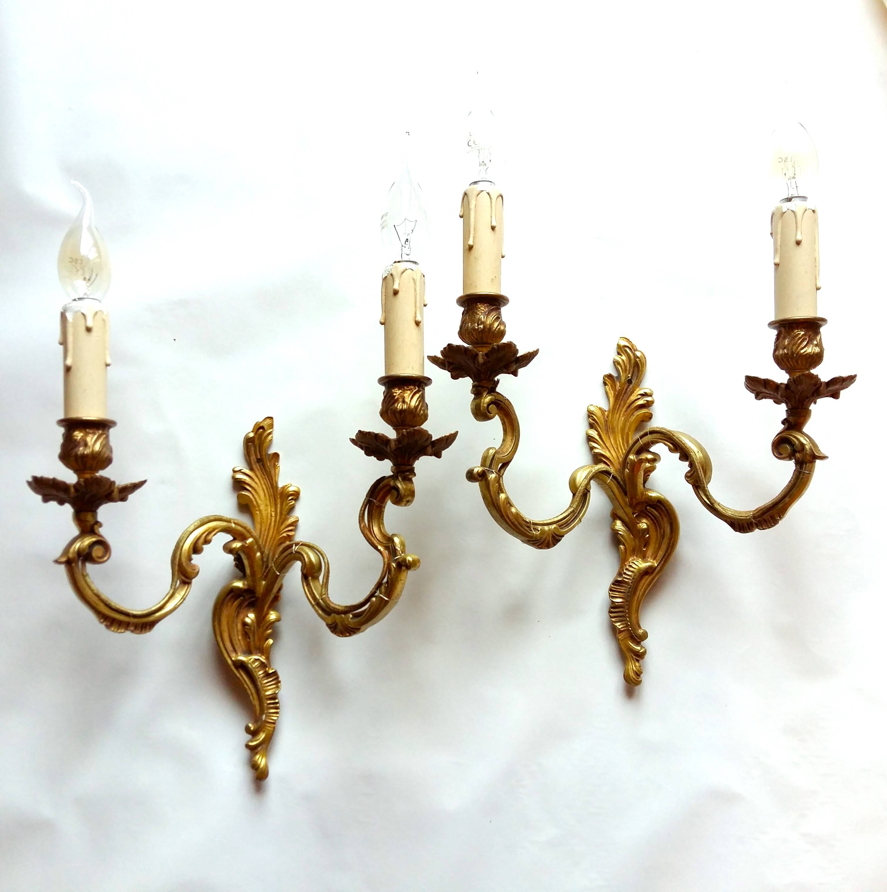 Pair of Heavy, French, Gold Bronze 2 Arm Wall Lights. Ornate Rococo/ Baroque/ Louis XV Style Sconces