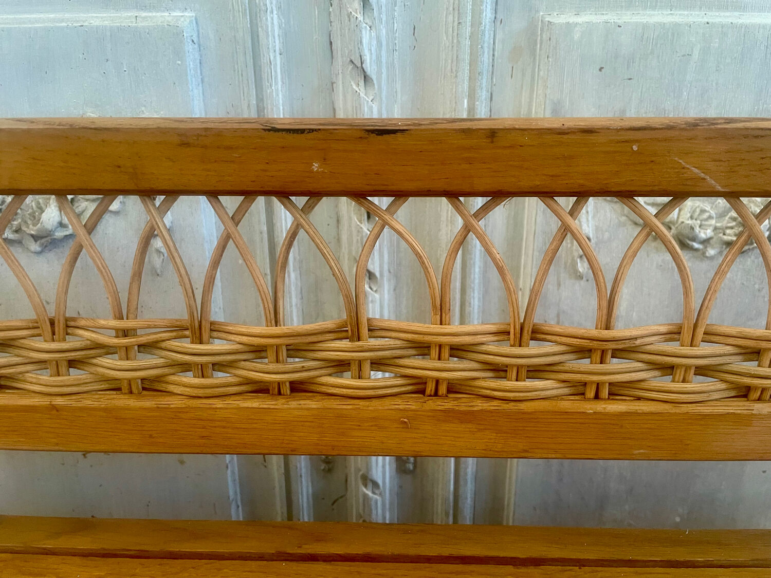 Wooden and rattan toy chest bench