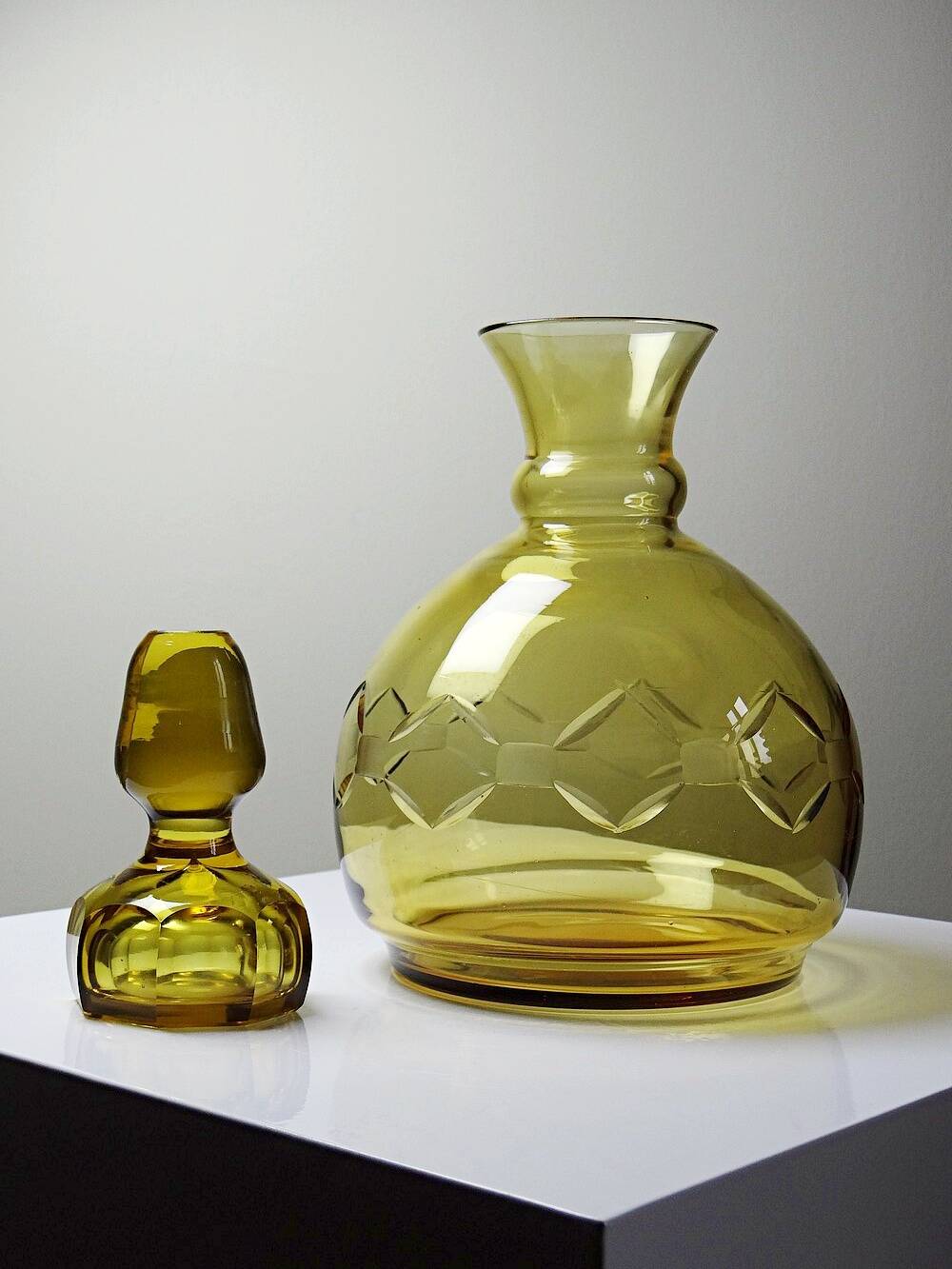 Vintage/antique Czech Amber Chiseled Blown Glass Decanter