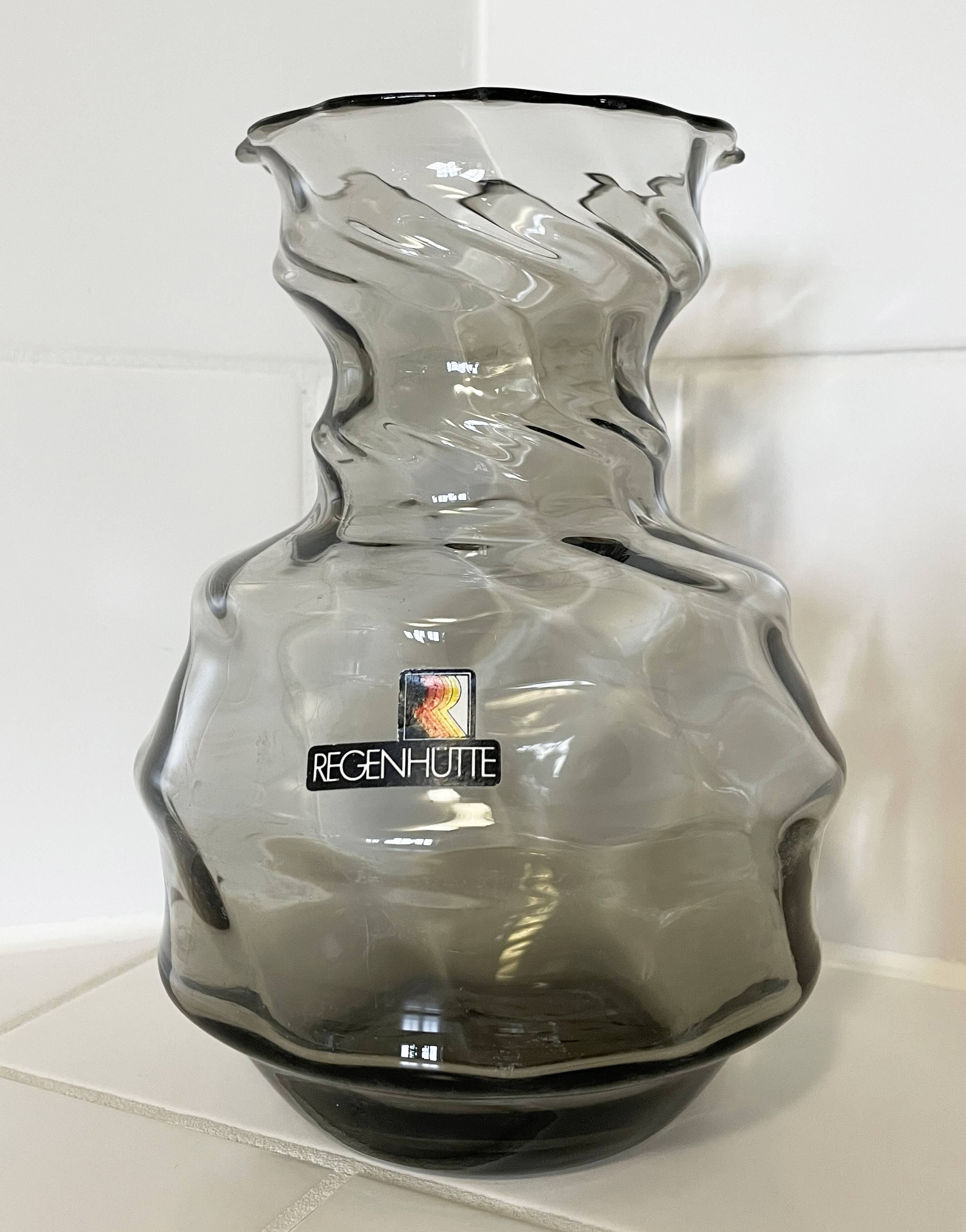 Smoky Gray Regenhütte Vase with Swirled Ribbing, German Handblown Glass