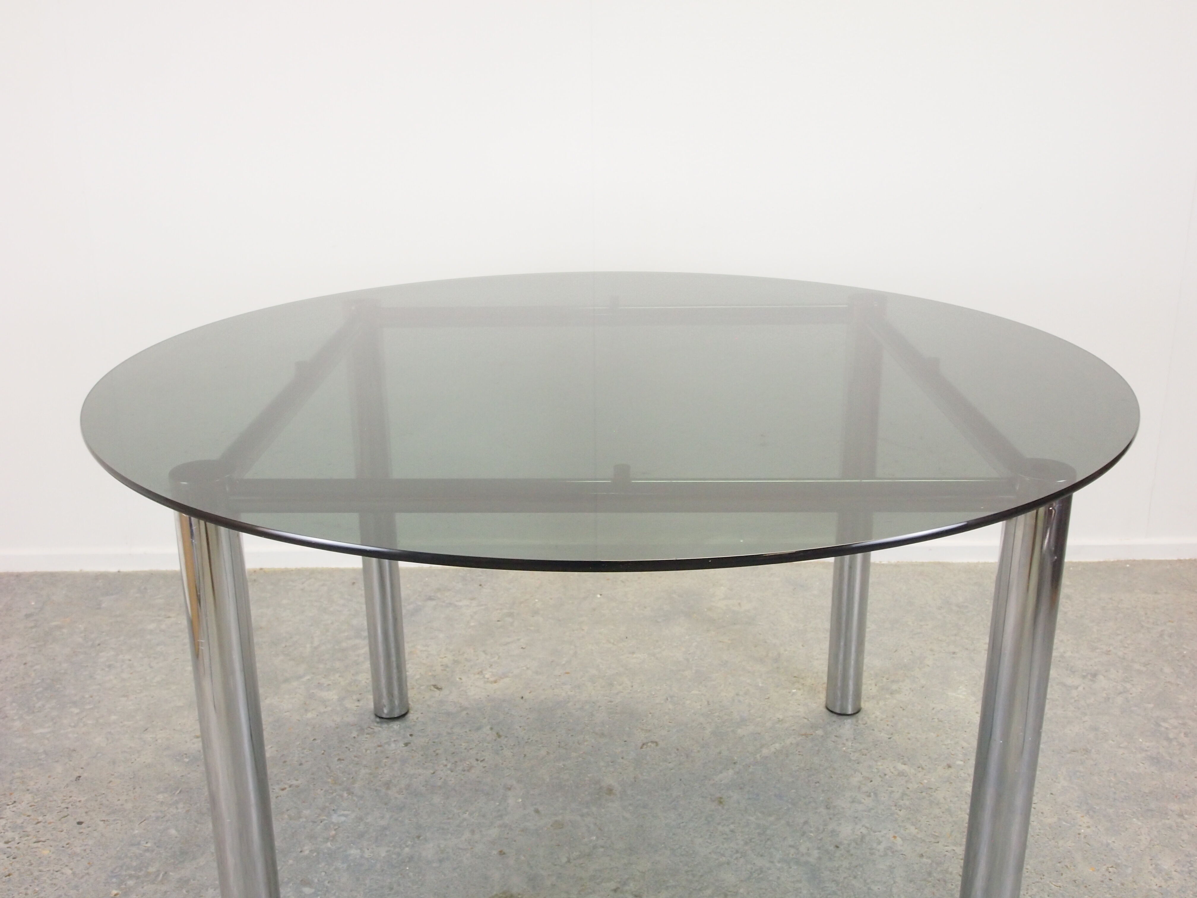 Vintage Seventies round dining table with blue/grey smoked glass top