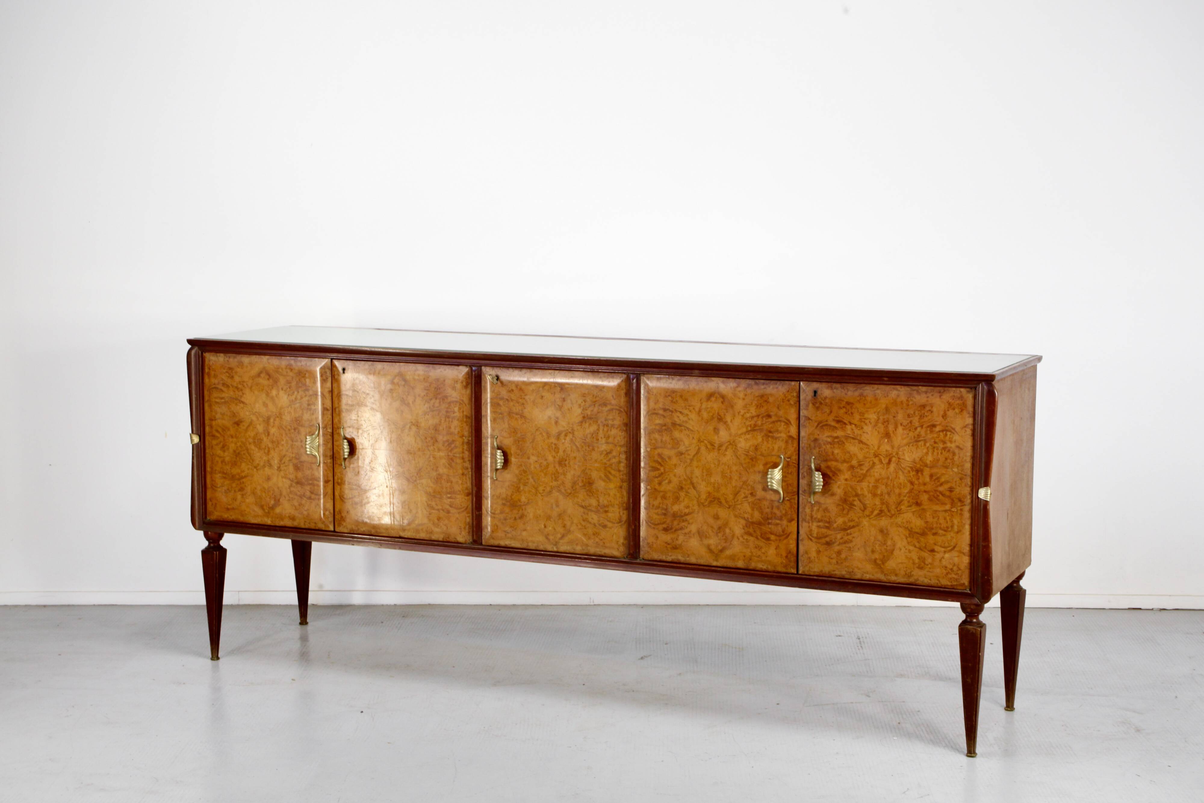 Midcentury Italian Sideboard In Walnut Root And Brass.