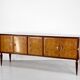 Midcentury Italian Sideboard In Walnut Root And Brass.