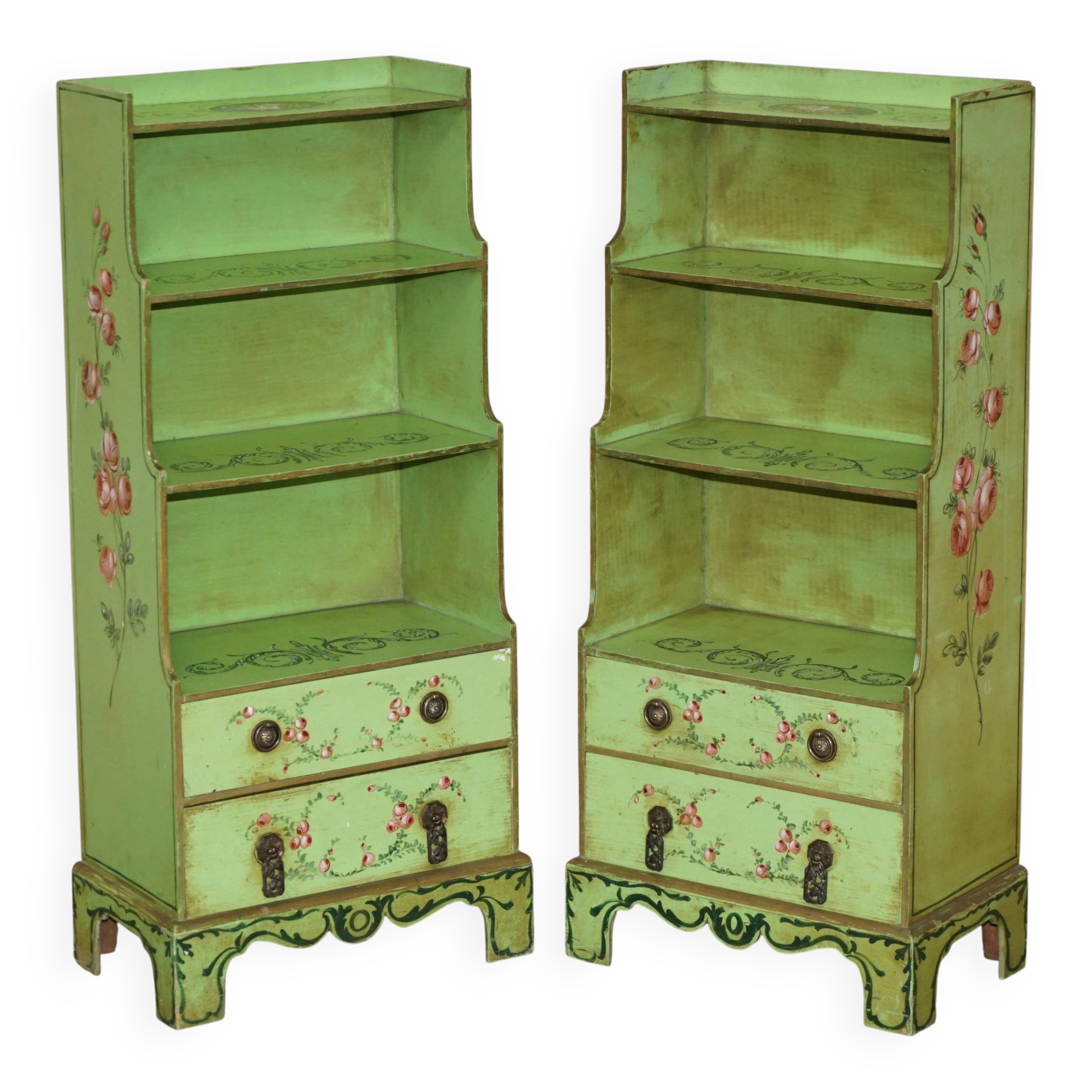 Pair of Waterfall Regency Sheraton antique bookshelves hand-painted.