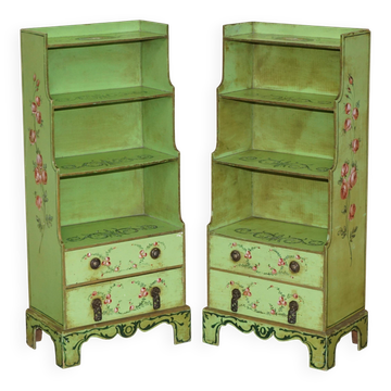 Paire de bibliothèques Waterfall Regency Sheraton antiques peintes à la main