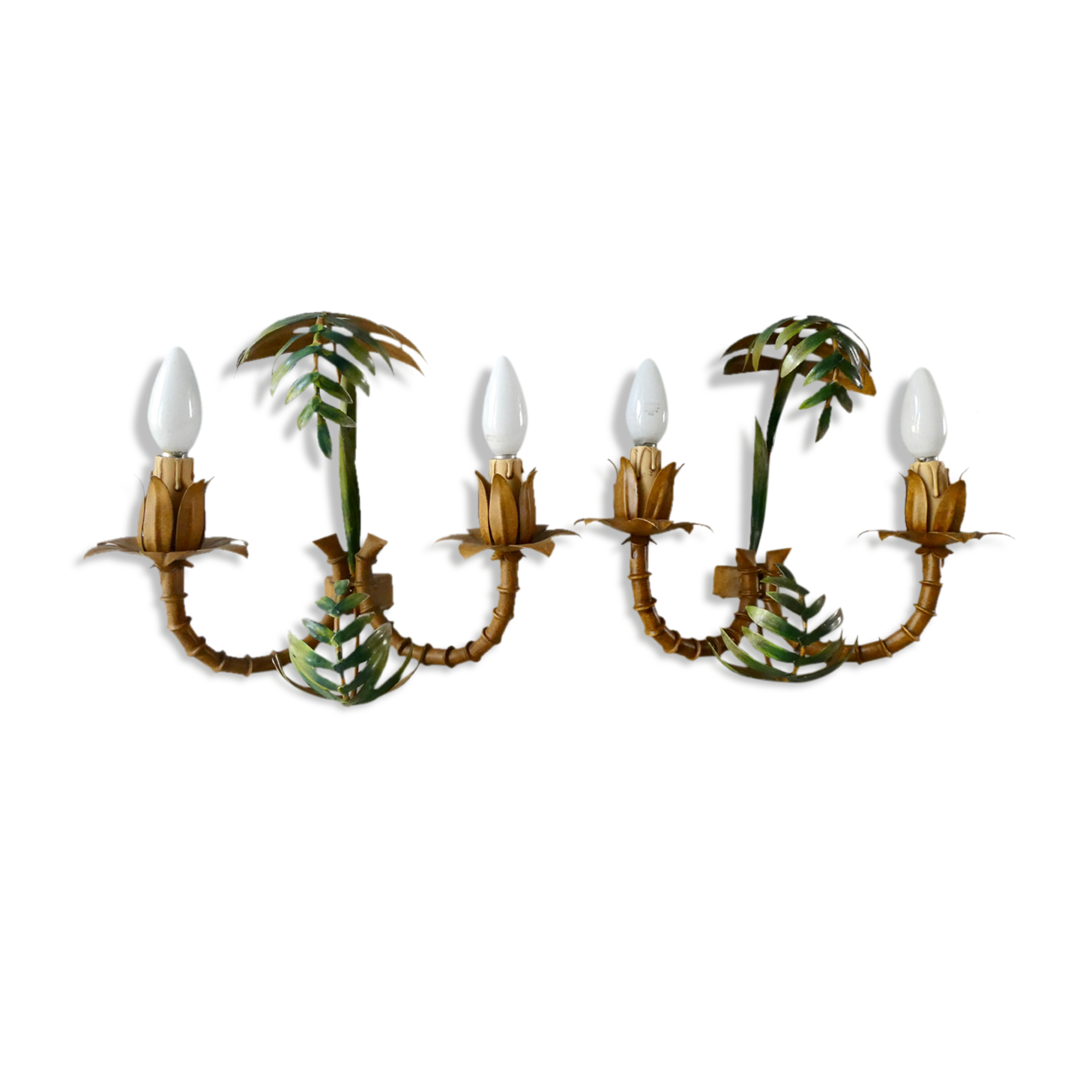 Pair of bamboo and palm sconces in metal 70s