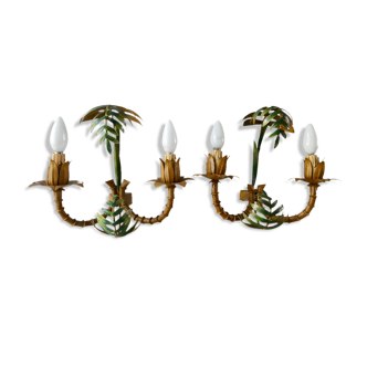 Pair of bamboo and palm sconces in metal 70s