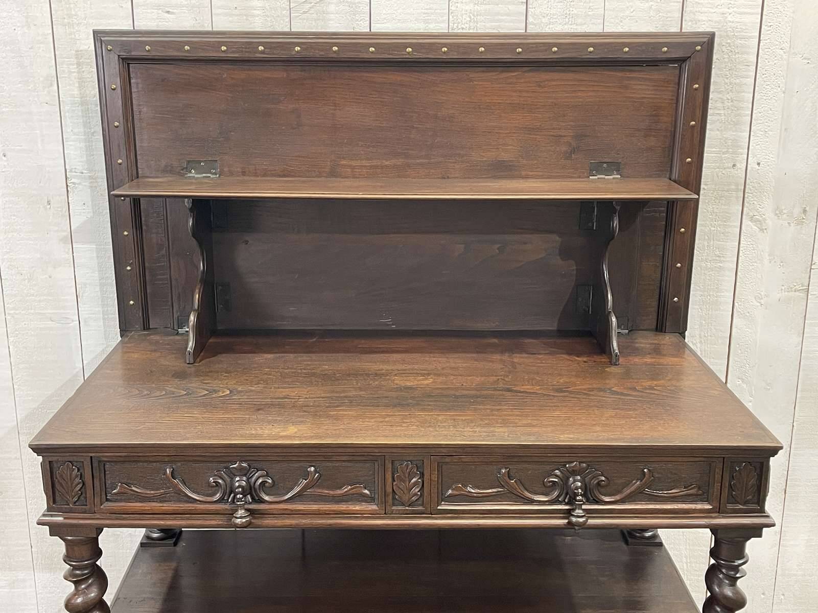 Henry II late 19th century oak serving trolley - top opens into a dresser