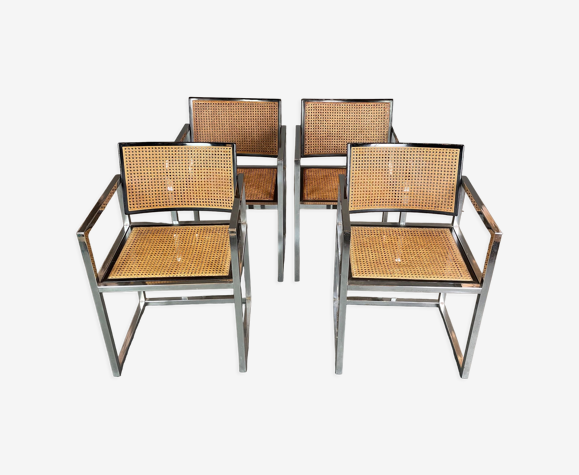 Lot 4 chaises métal chromé et cannage circa 1970