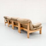 Canapé modulaire en bois et cuir du milieu du siècle