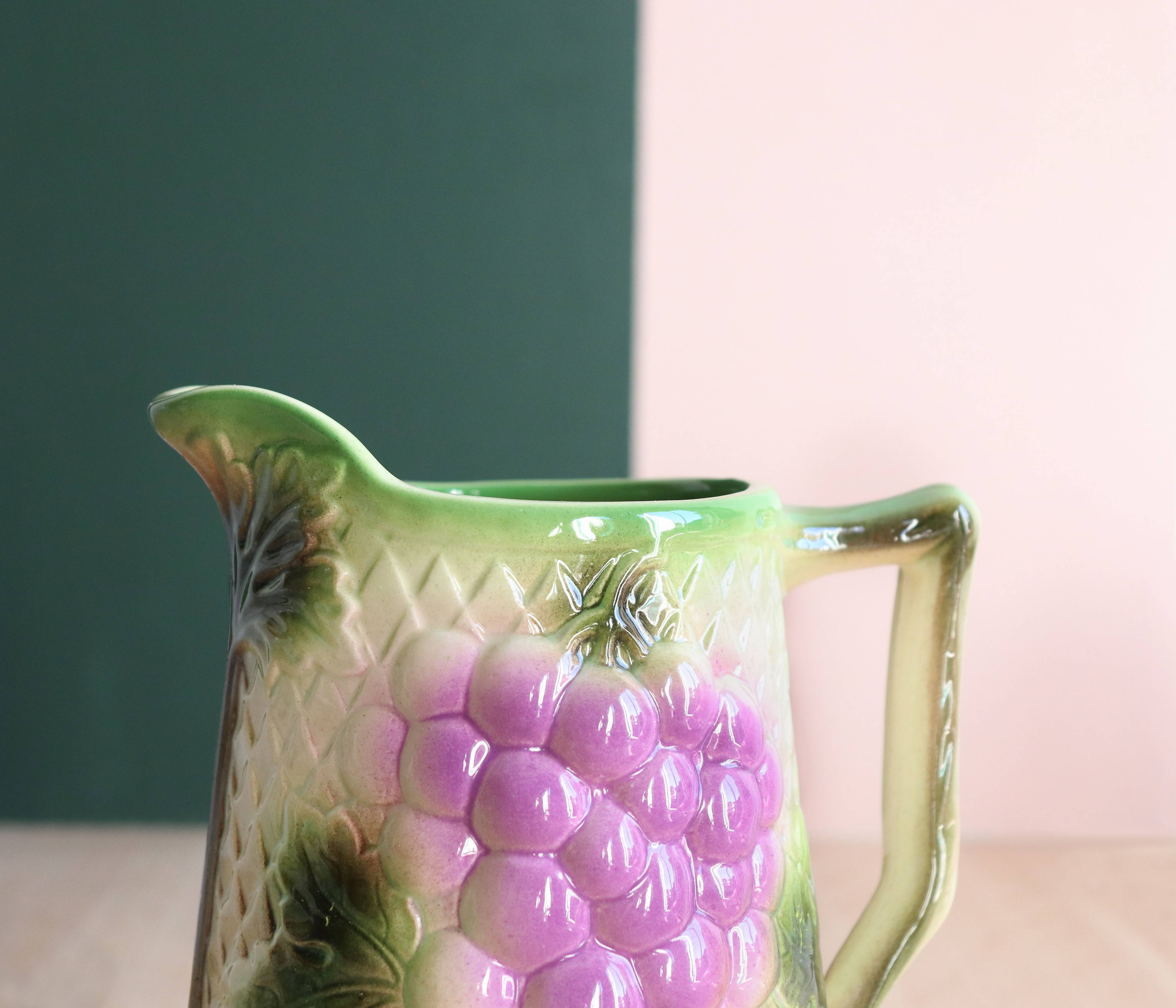 Barbotine pitcher from the 20s/30s with vine and grape decoration, Saint-Clément earthenware factory