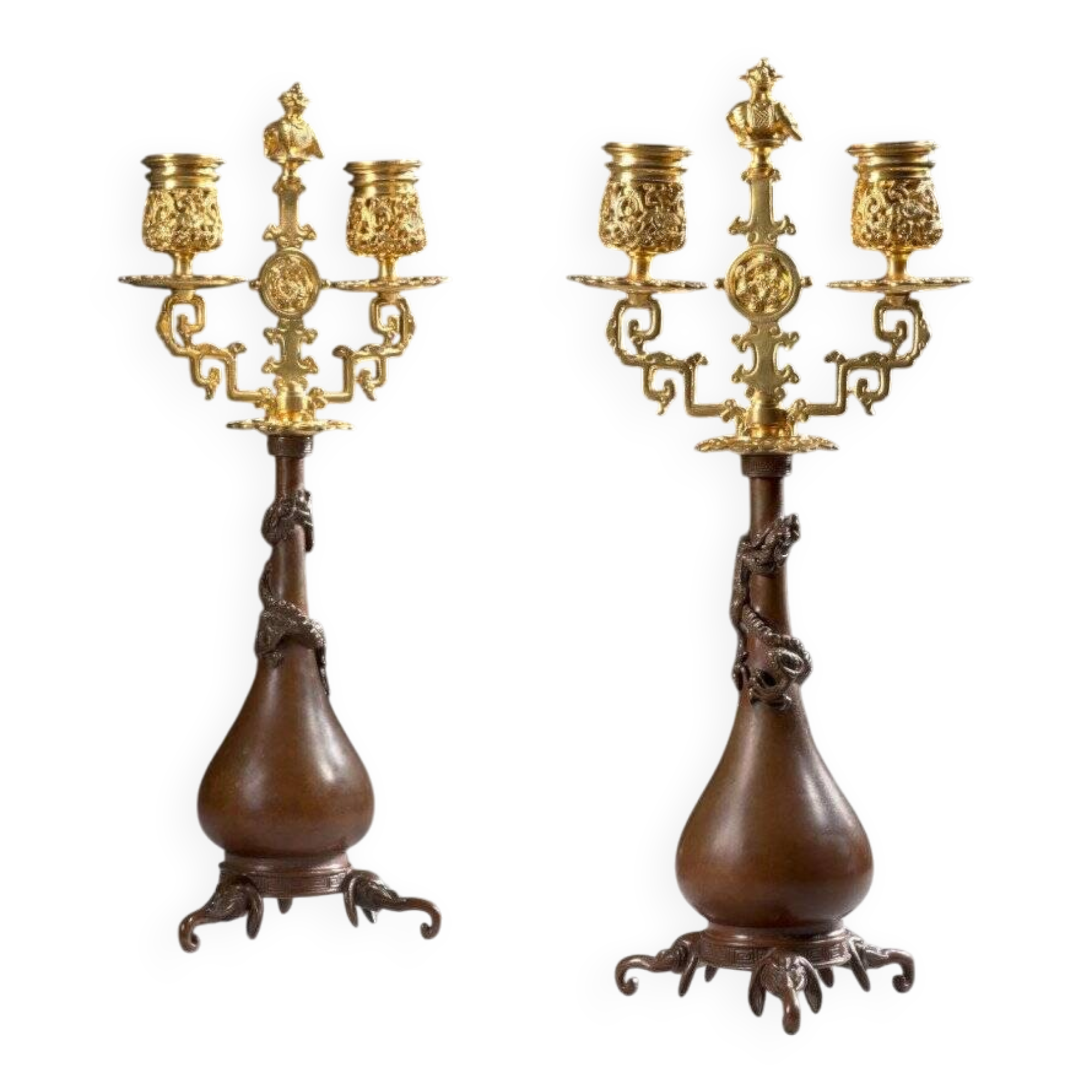 Pair of Japanese-style Candelabra by Ferdinand Barbedienne and Edouard Lievre.