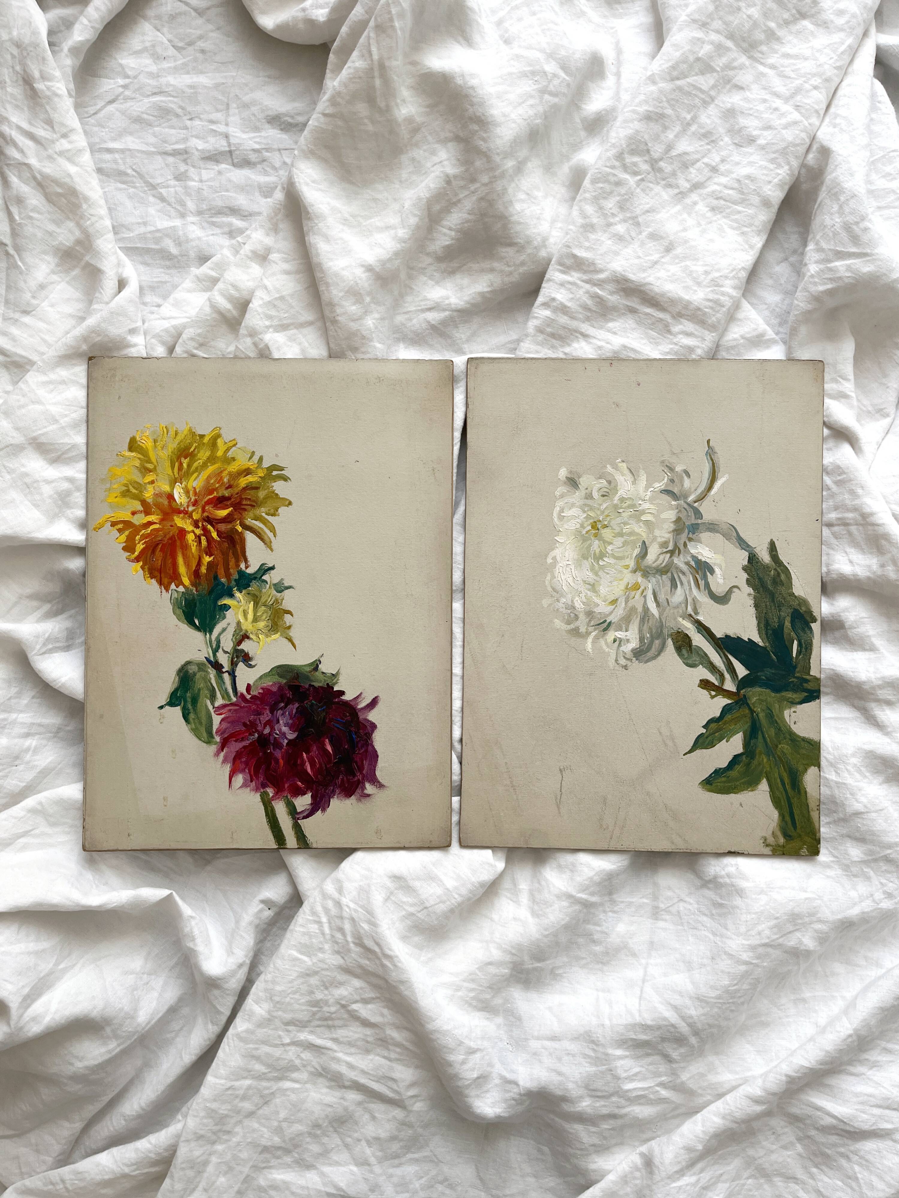 2 paintings on old cardboard dahlia flowers