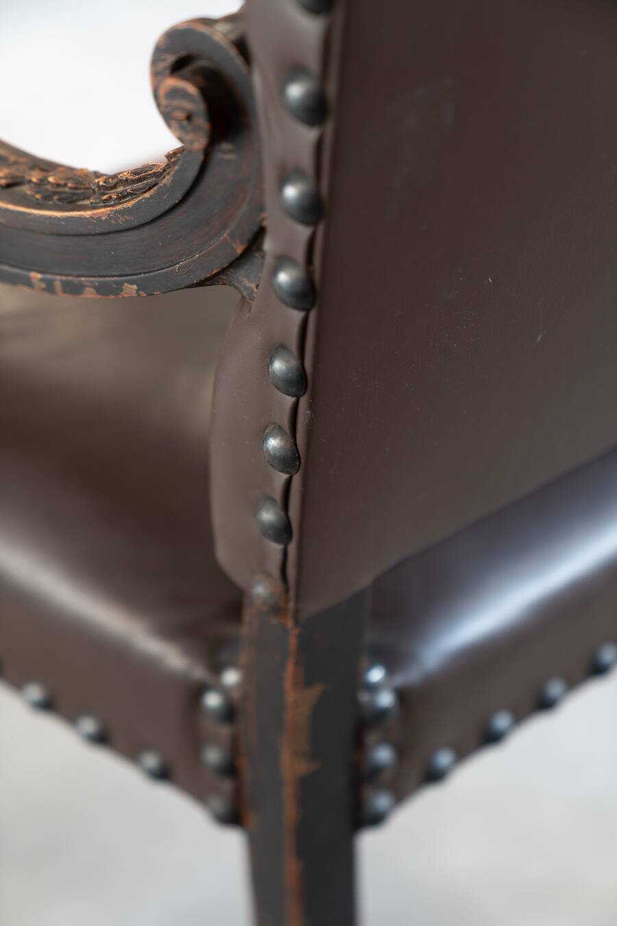 19th century beechwood, metal, and leather throne