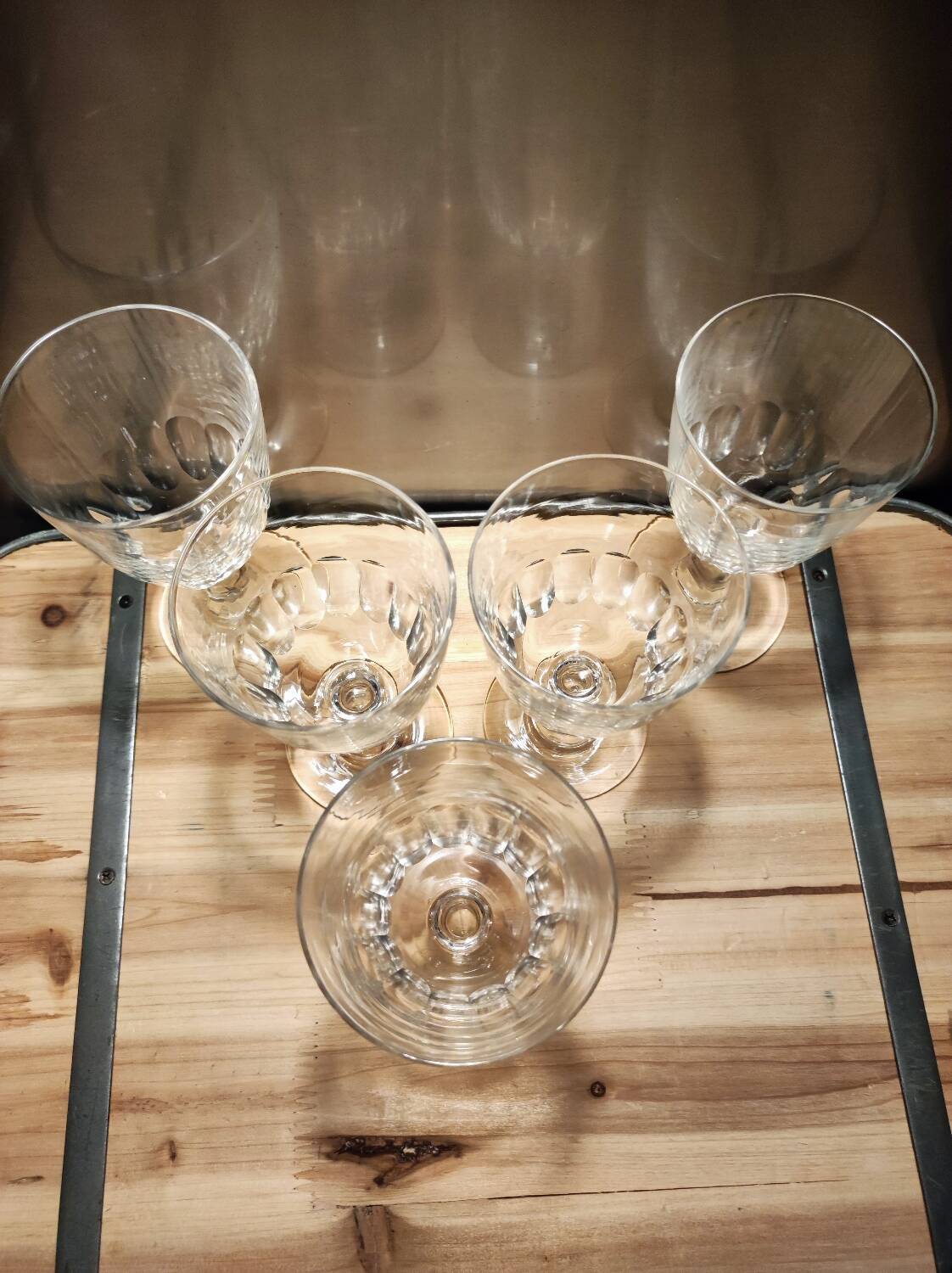 5 antique wine glasses with cut sides