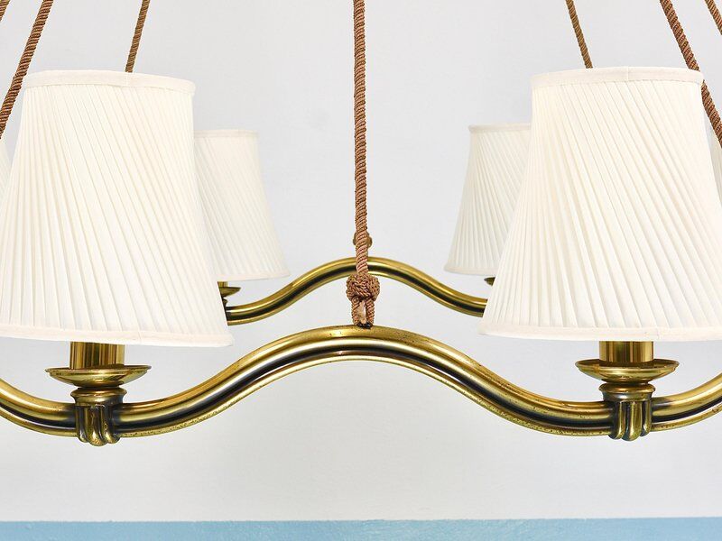 Large Viennese Modernism curved brass wave chandelier by Hugo Gorge, 1940s