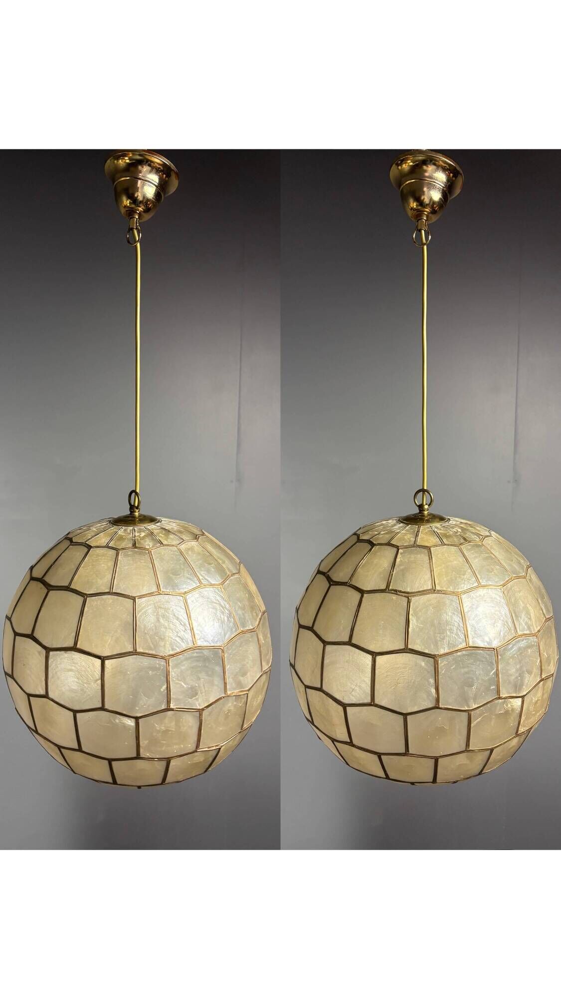 Pair midcentury mother of pearl Capiz large pendants, Feldman Lighting Co
