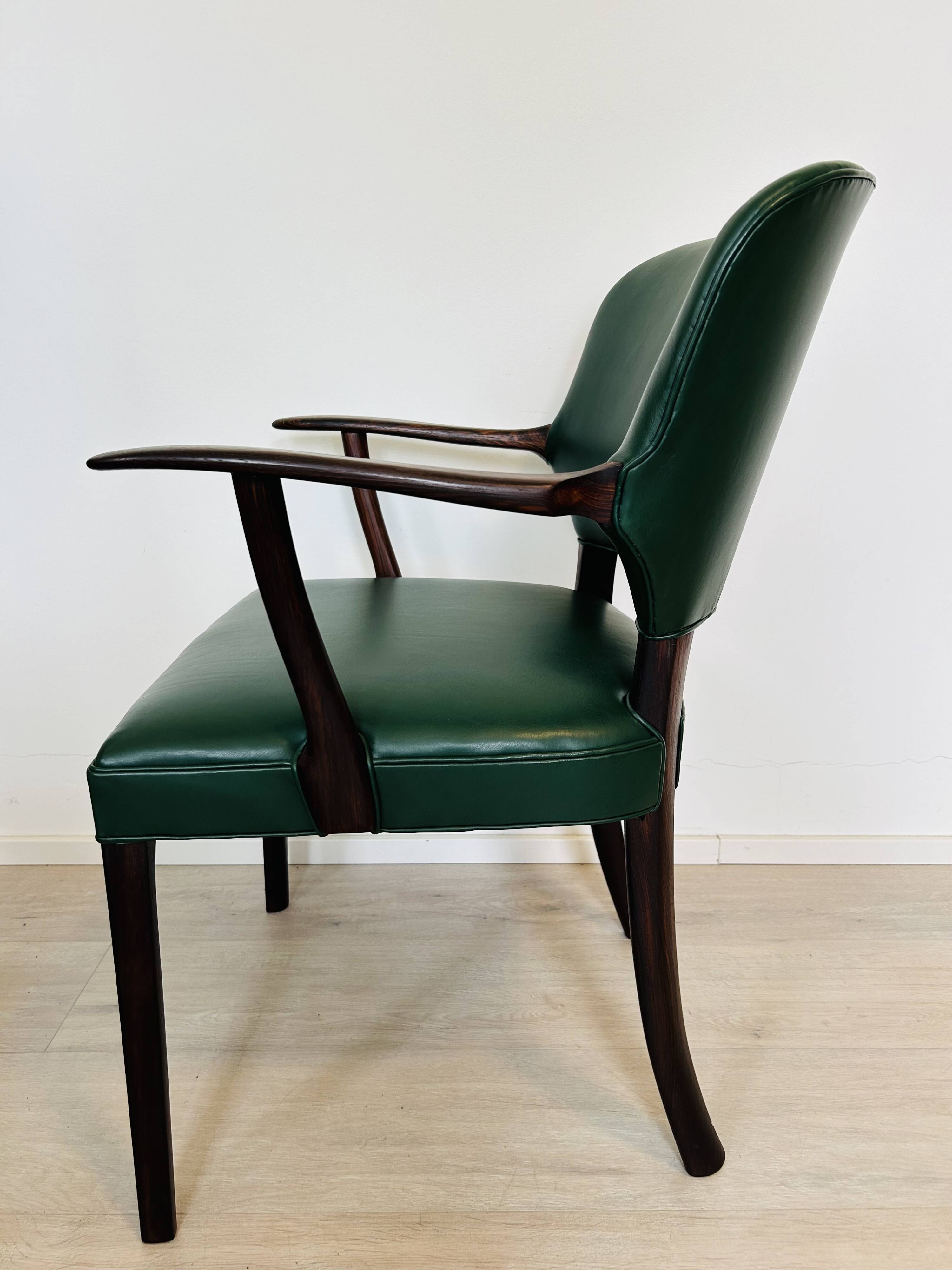 Danish Rosewood Green Leather Fully Restored Armchair, 1960´s