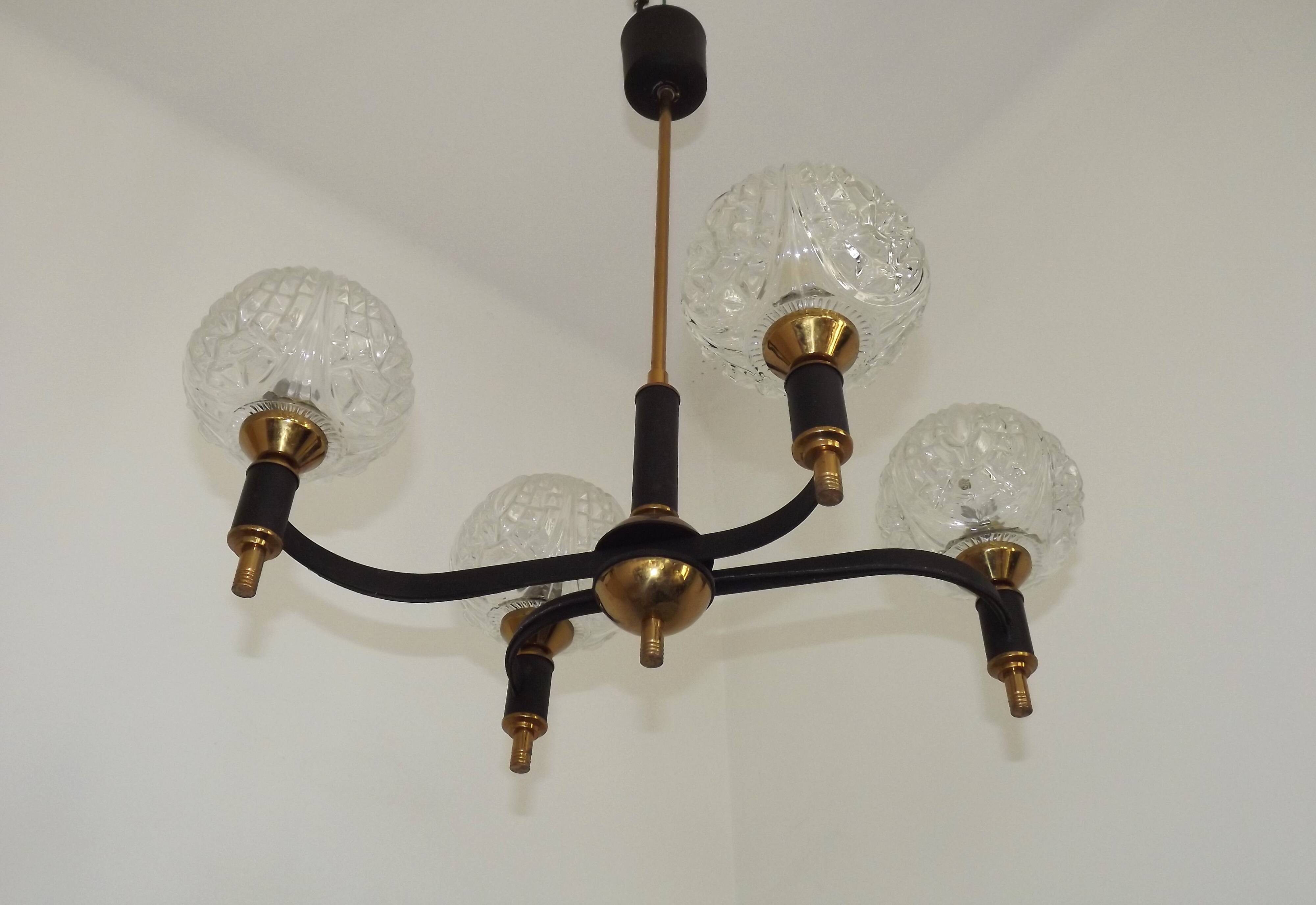 French Vintage Retro Mid Century Black & Gold 4 Arm Chandelier with Glass Shades 5015