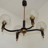 French Vintage Retro Mid Century Black & Gold 4 Arm Chandelier with Glass Shades 5015