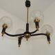 French Vintage Retro Mid Century Black & Gold 4 Arm Chandelier with Glass Shades 5015