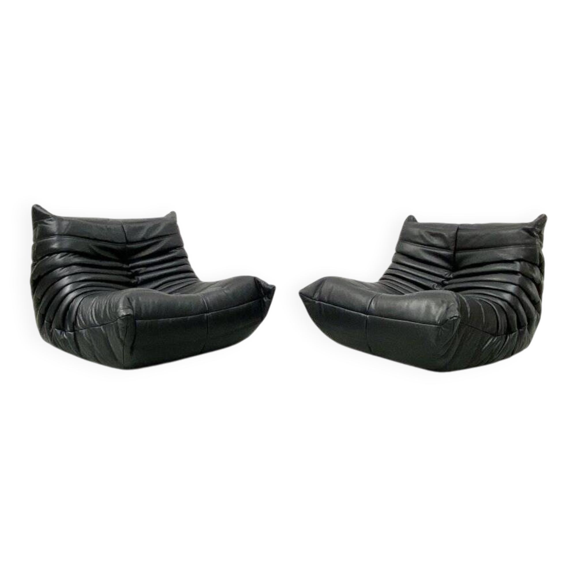 Togo lounge chairs in black leather attributed to Michel Ducaroy for Ligne Roset, set of 2