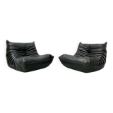 Togo lounge chairs in black leather attributed to Michel Ducaroy for Ligne Roset, set of 2