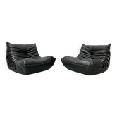 Fauteuils Togo en cuir noir attribués à Michel Ducaroy pour Ligne Roset, lot de 2