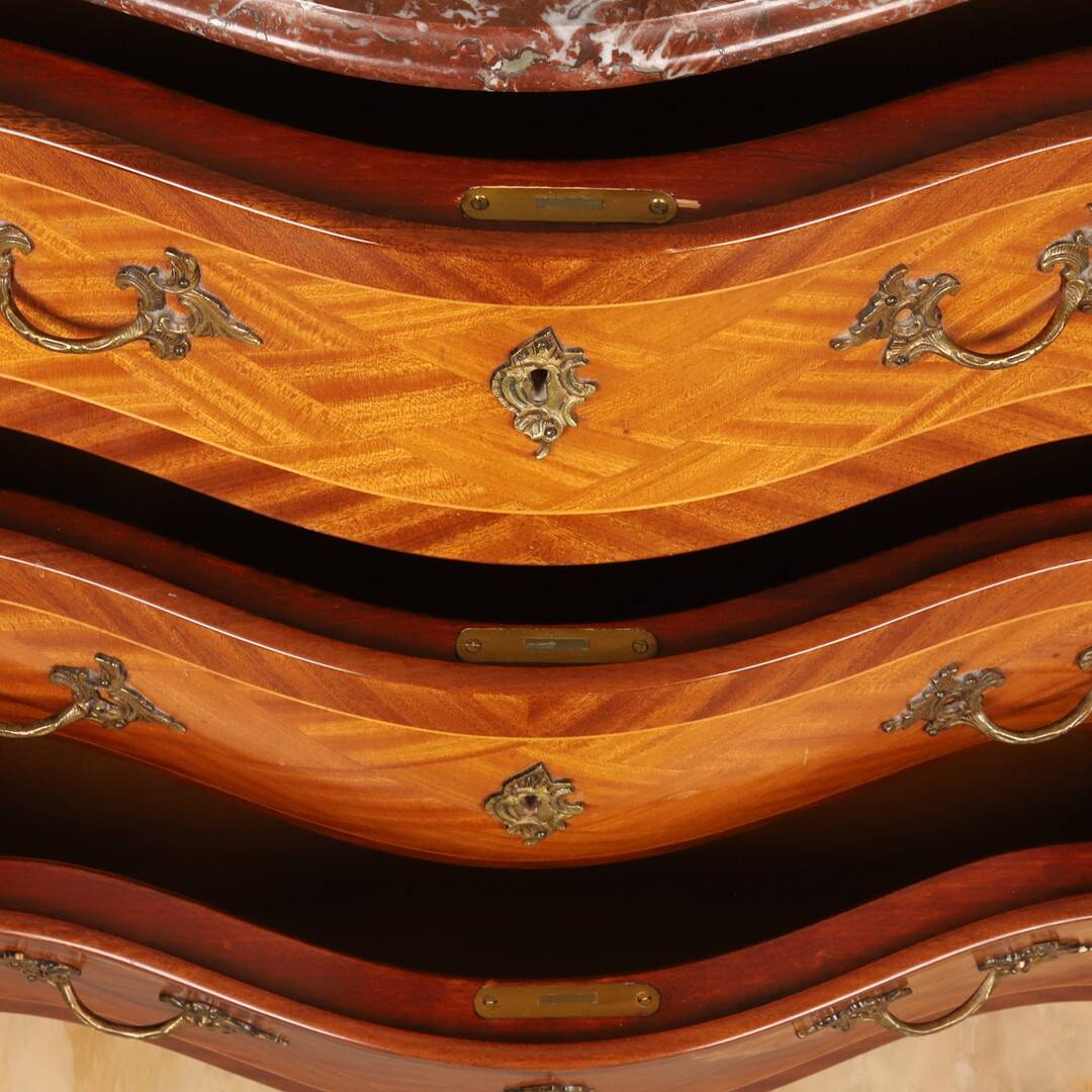 Marquetry Chest of Drawers — Mixed-Wood Veneer, Brass Mounts & Marble Top