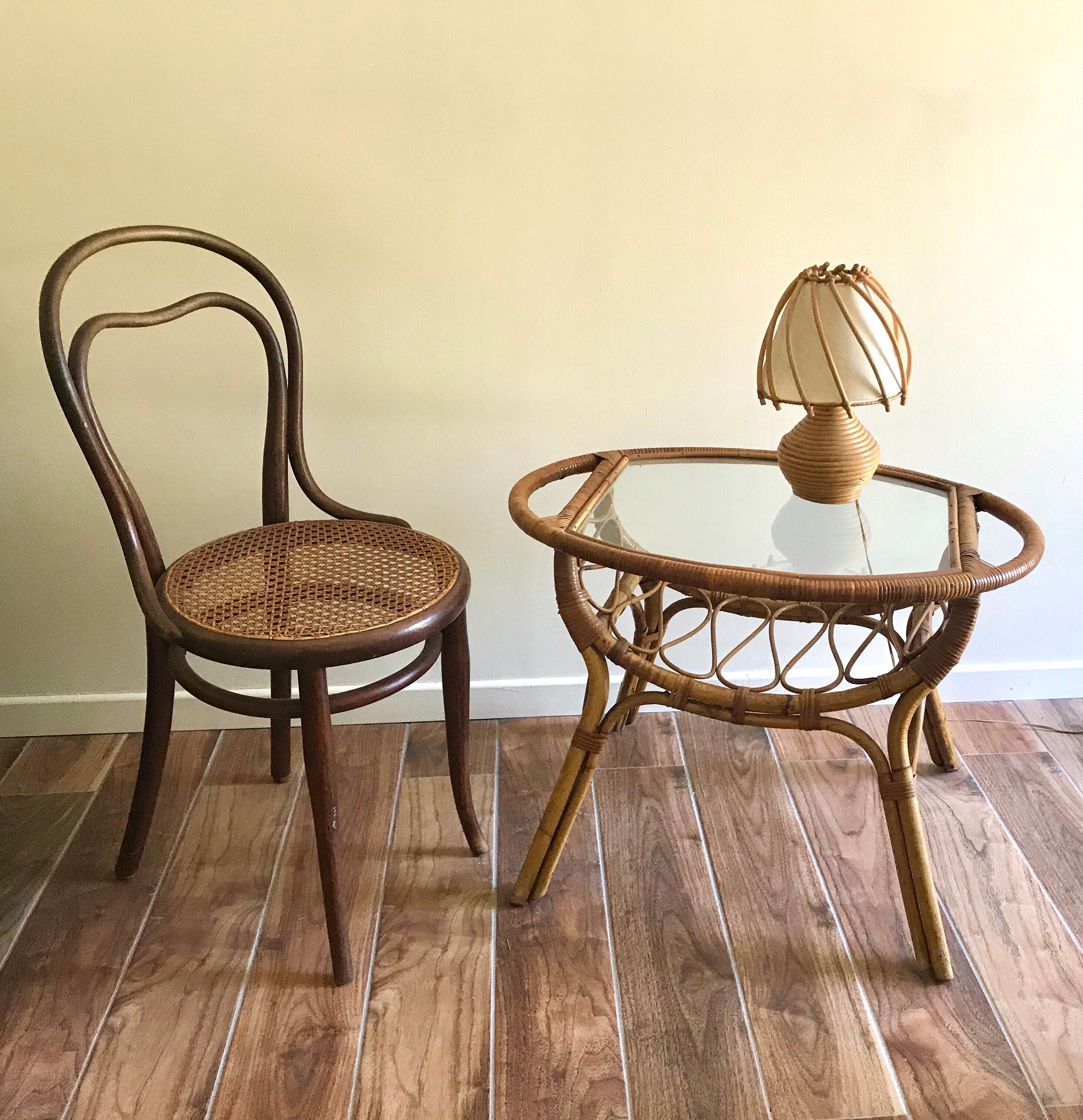 Table basse en rotin verre vintage