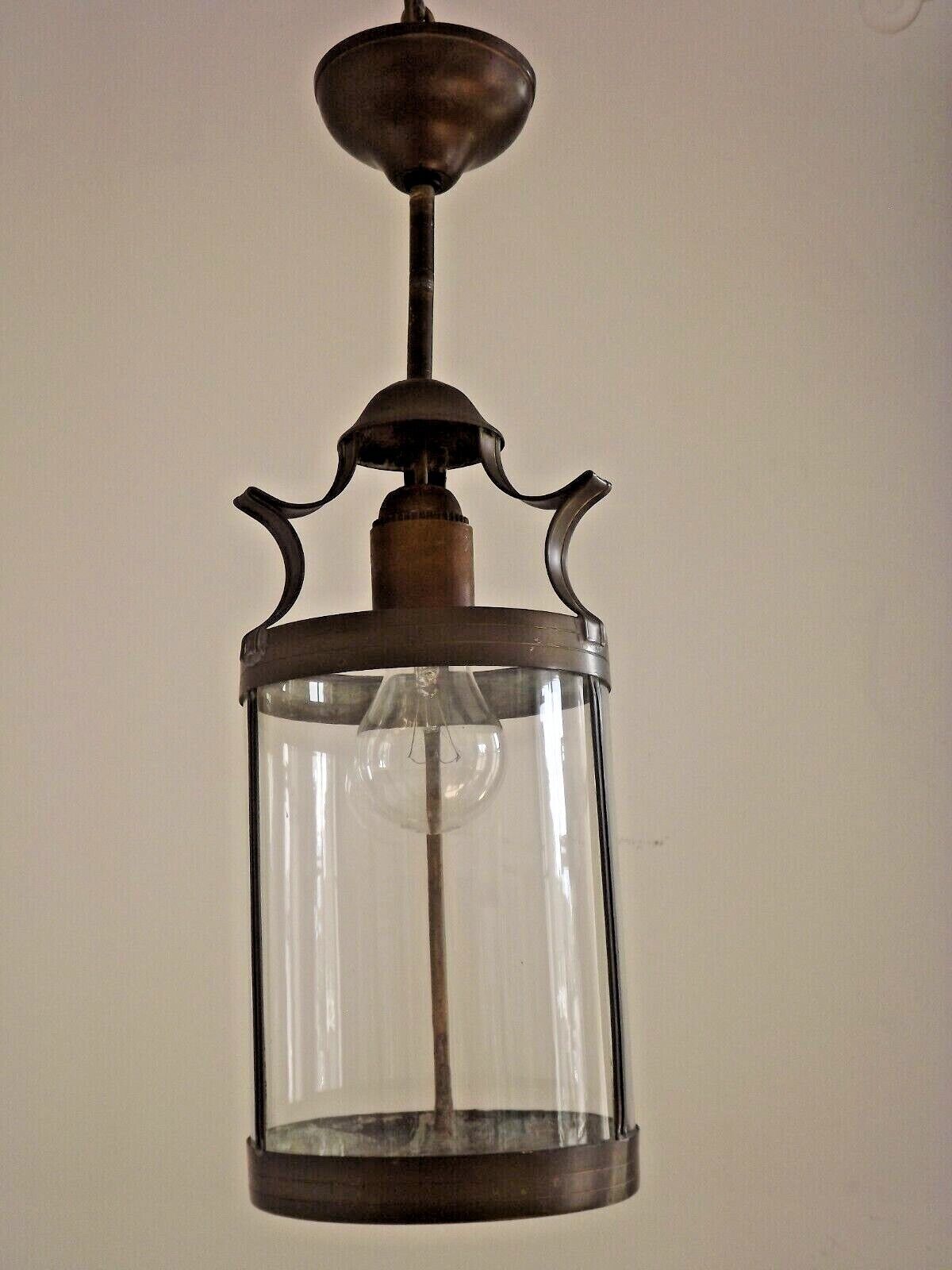 Vintage French Round Hall Lantern In Copper With Cylindrical Glass Shade 3681