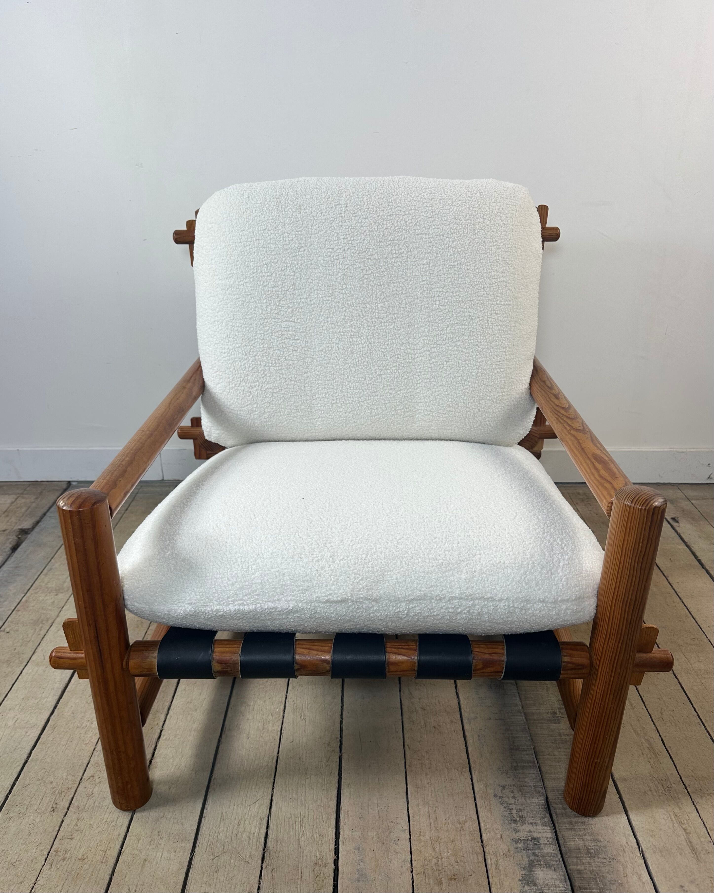 Vintage Lounge Armchair Solid Pine 1970 Boucle Fabric Ecru