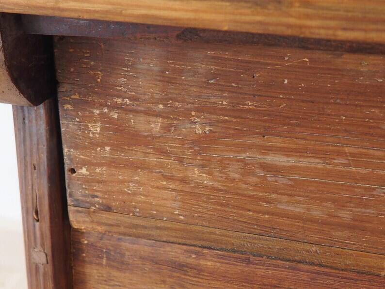 Mid-Century Coffee Table Carved Drawer, Rustic Nailhead Details