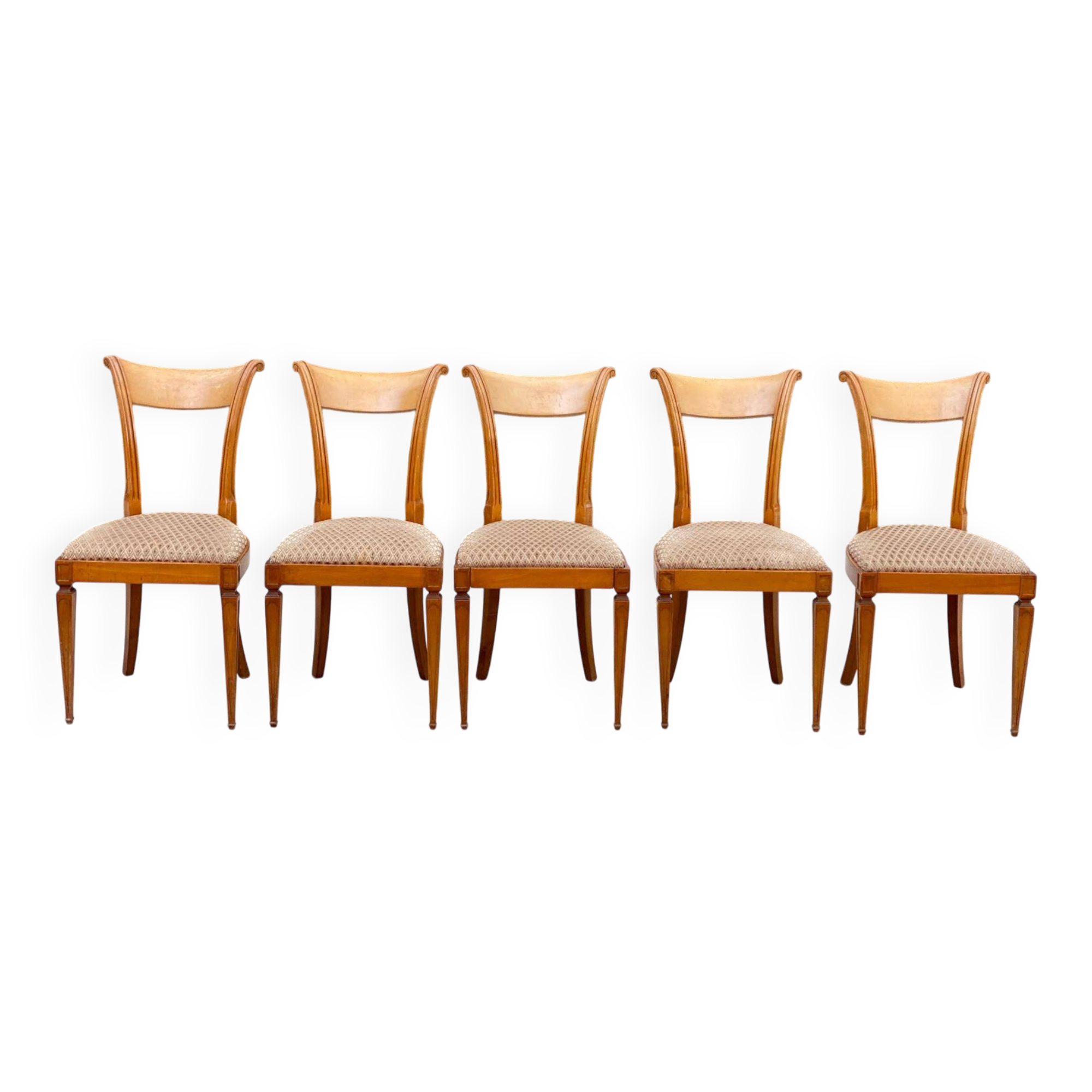 5 Louis XVI chairs in solid wood and beige tiled suede