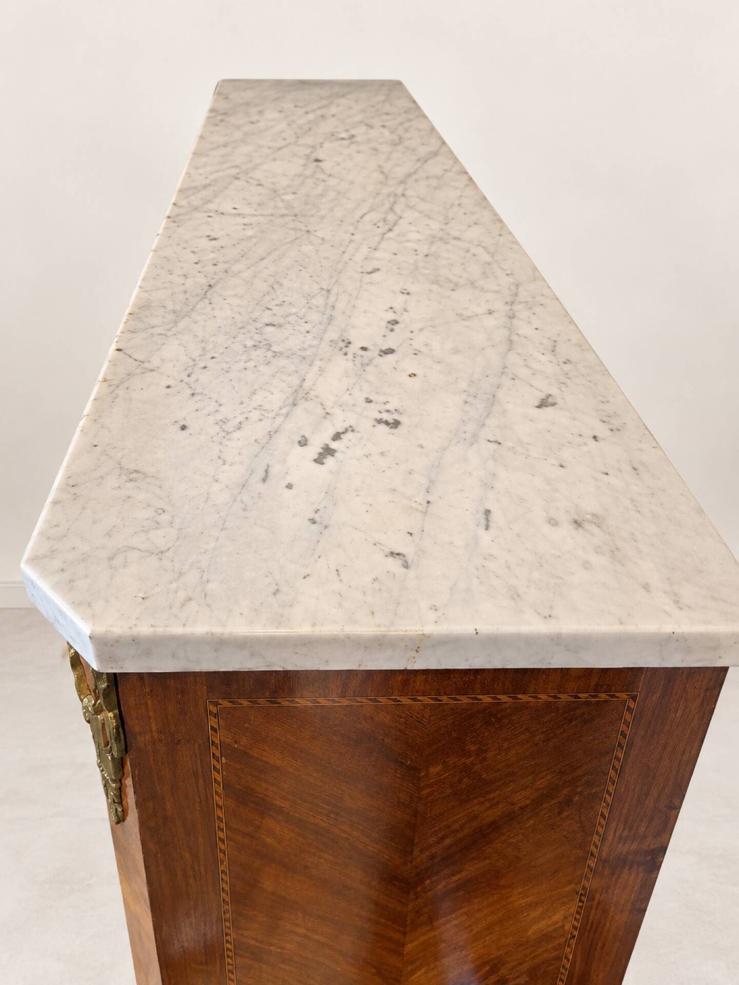 Display cabinet, Louis XVI style bookcase in marquetry, marble and bronze.