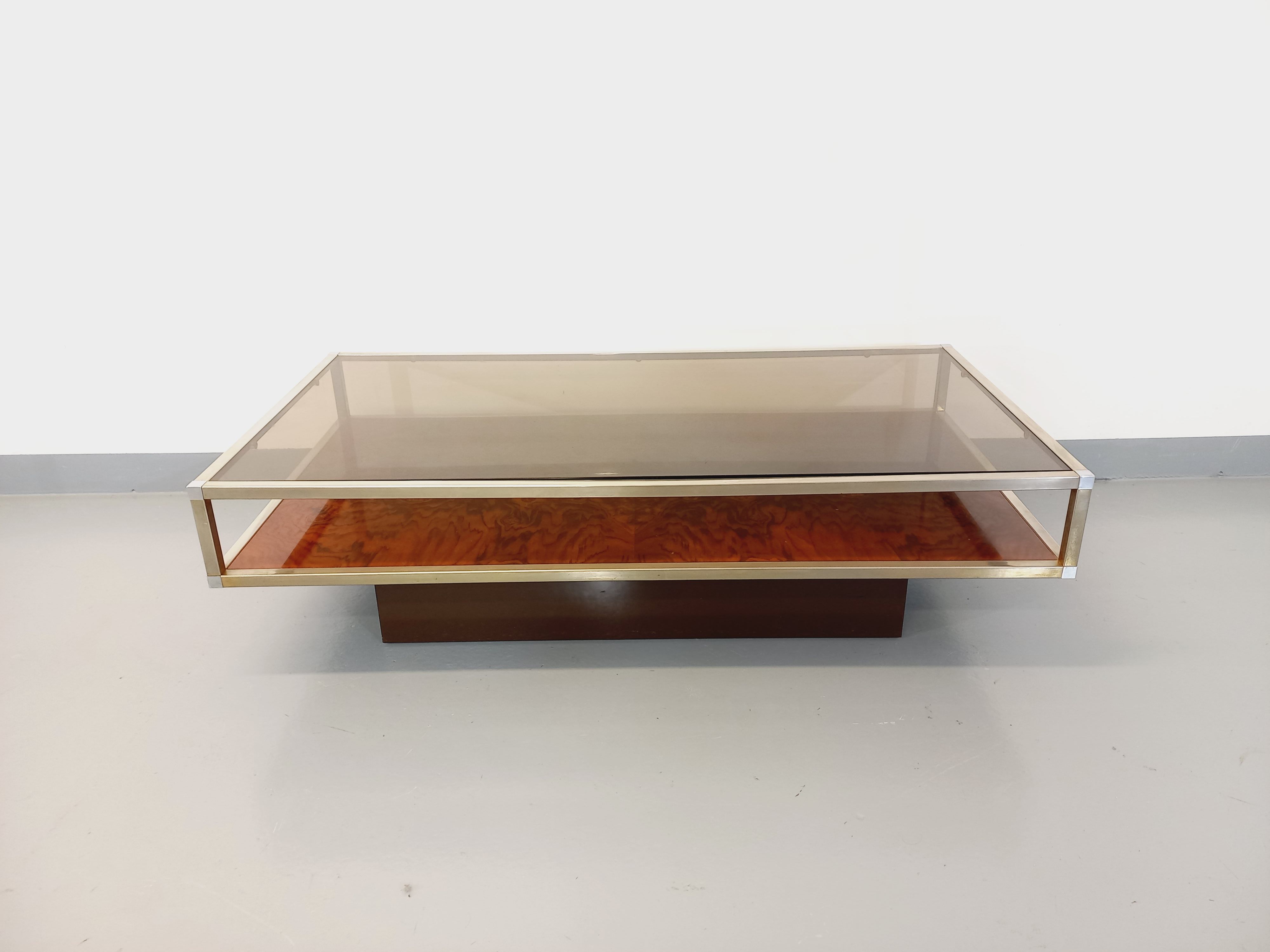 Vintage coffee table in smoked glass, chromed metal and magnifying glass from the 70s