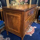 Grande commode Louis XVI 3 tiroirs décor marqueté scène Antique fin XVIIIe