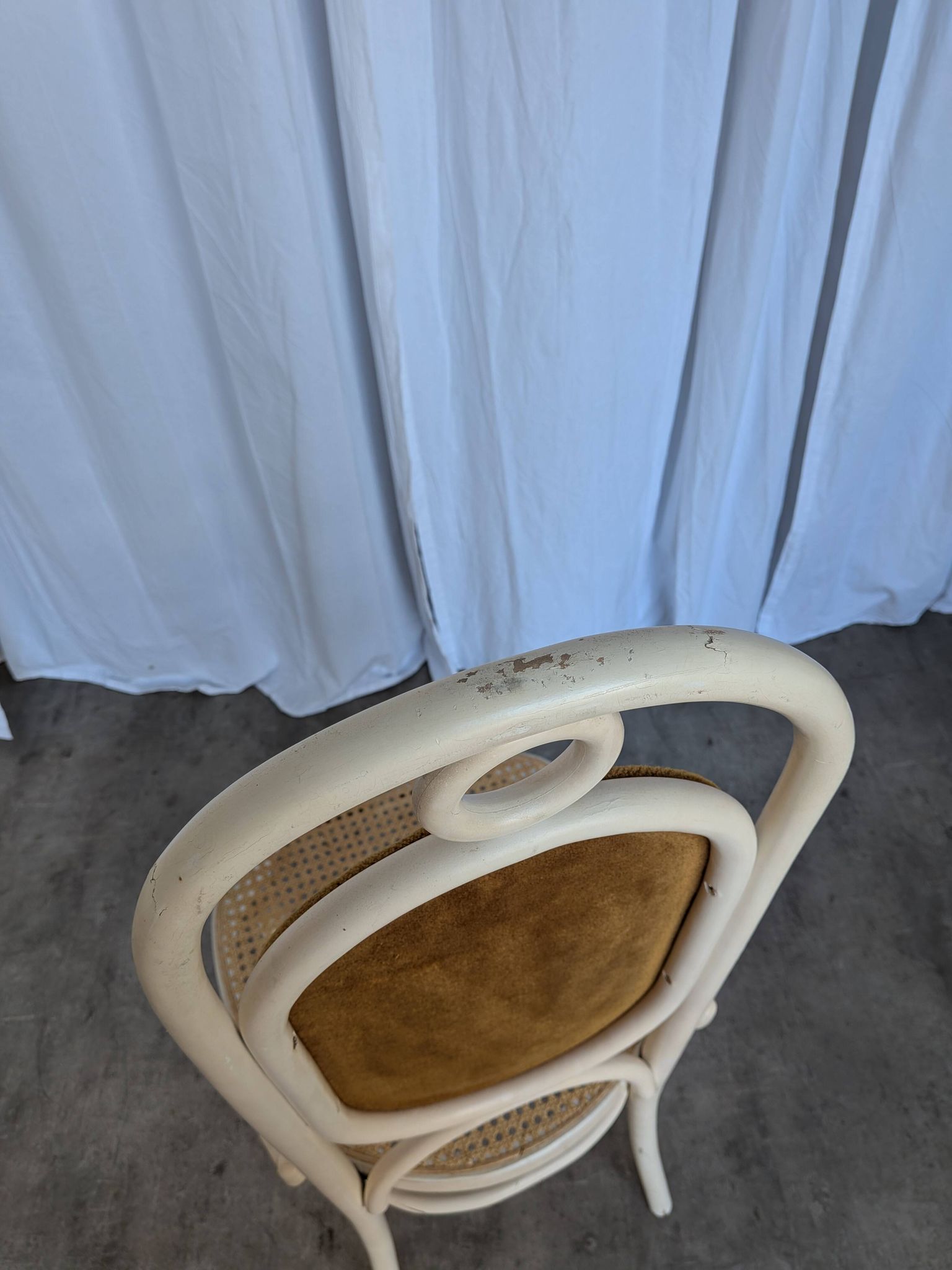 Vintage Thonet Bentwood Dining Chair: Cane Seat, Yellow Fabric Back