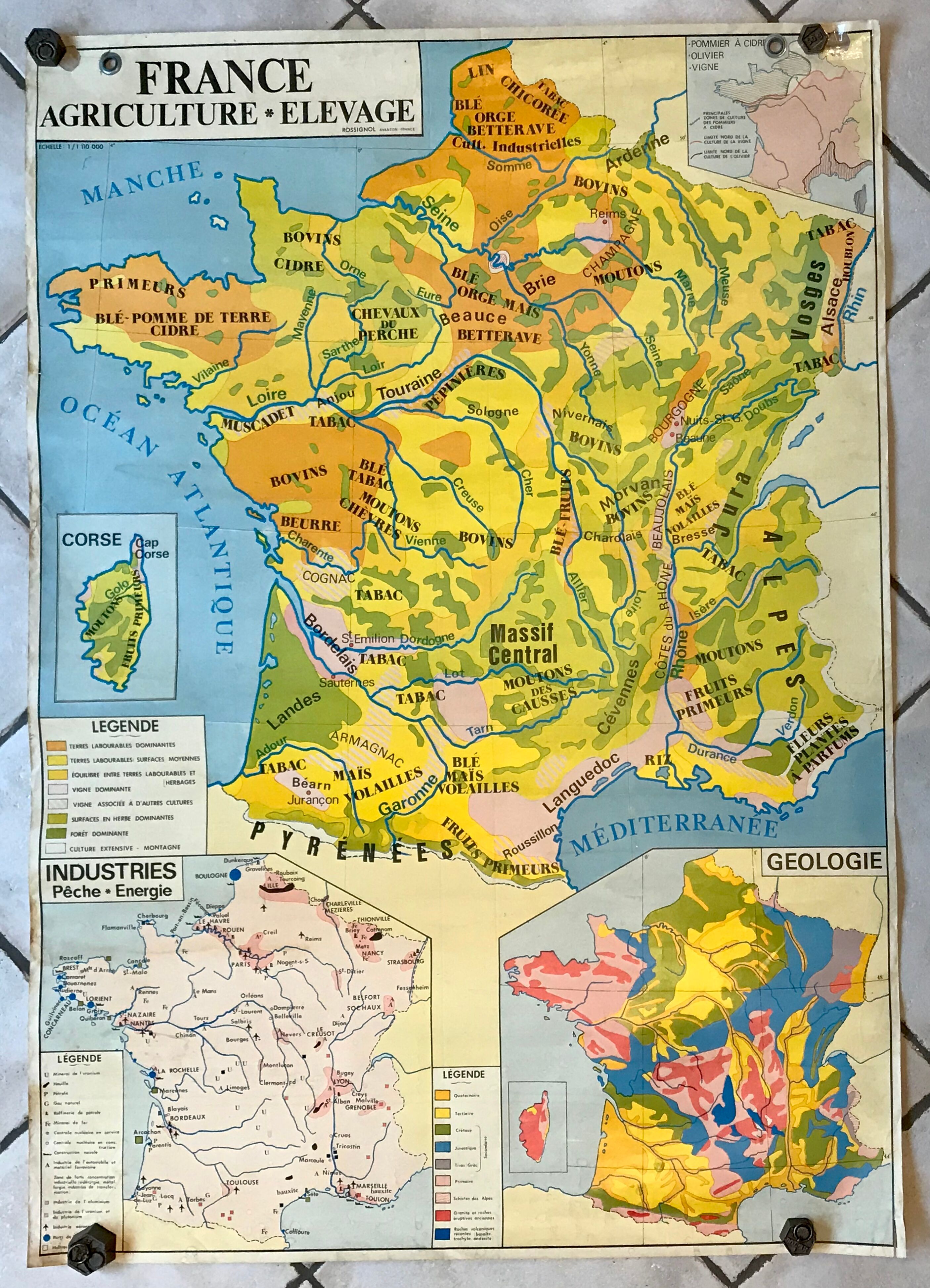 School map of france agriculture & livestock and administrative france 50s-60s